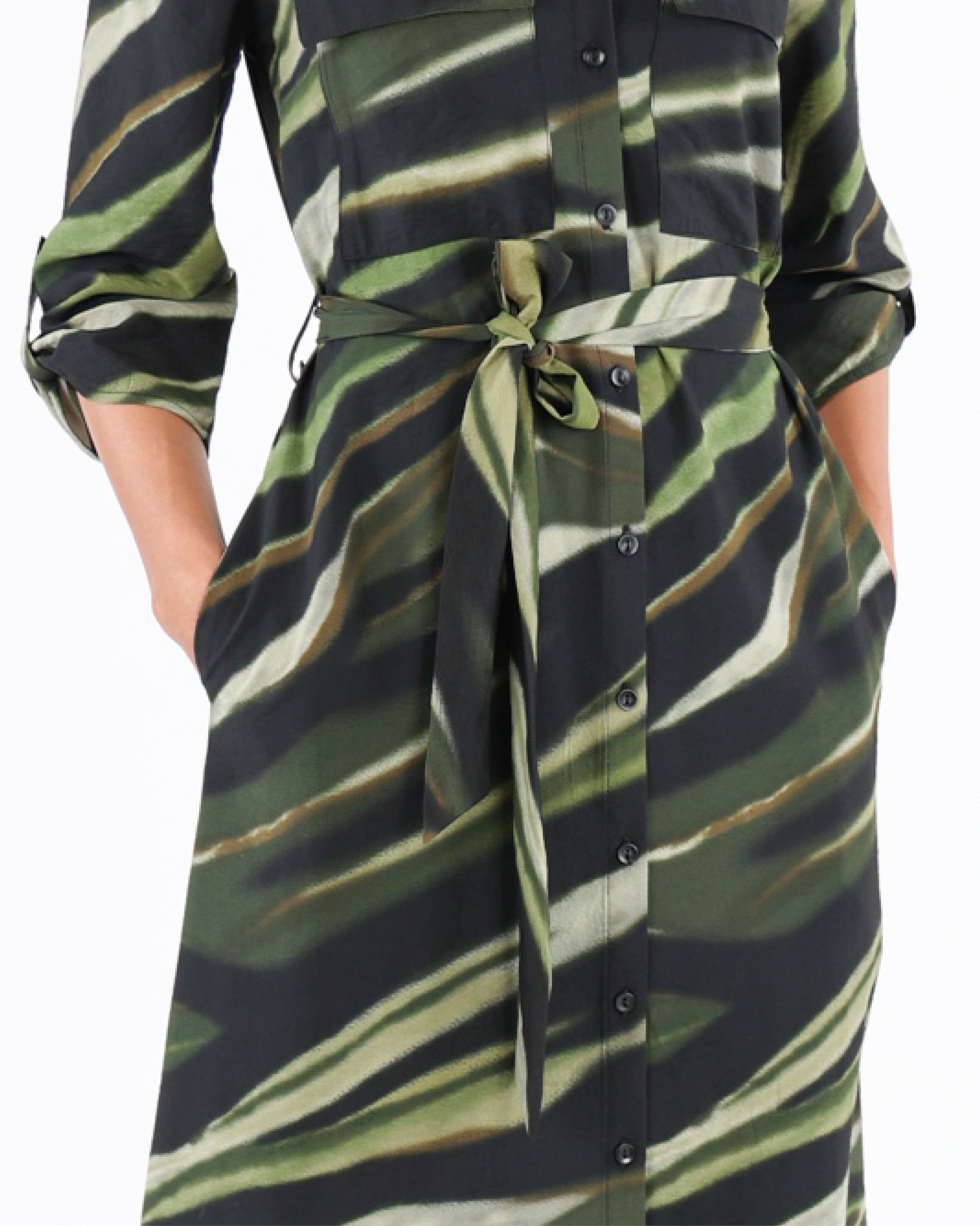 3/4 Sleeve Abstract Print Midi Shirt Dress