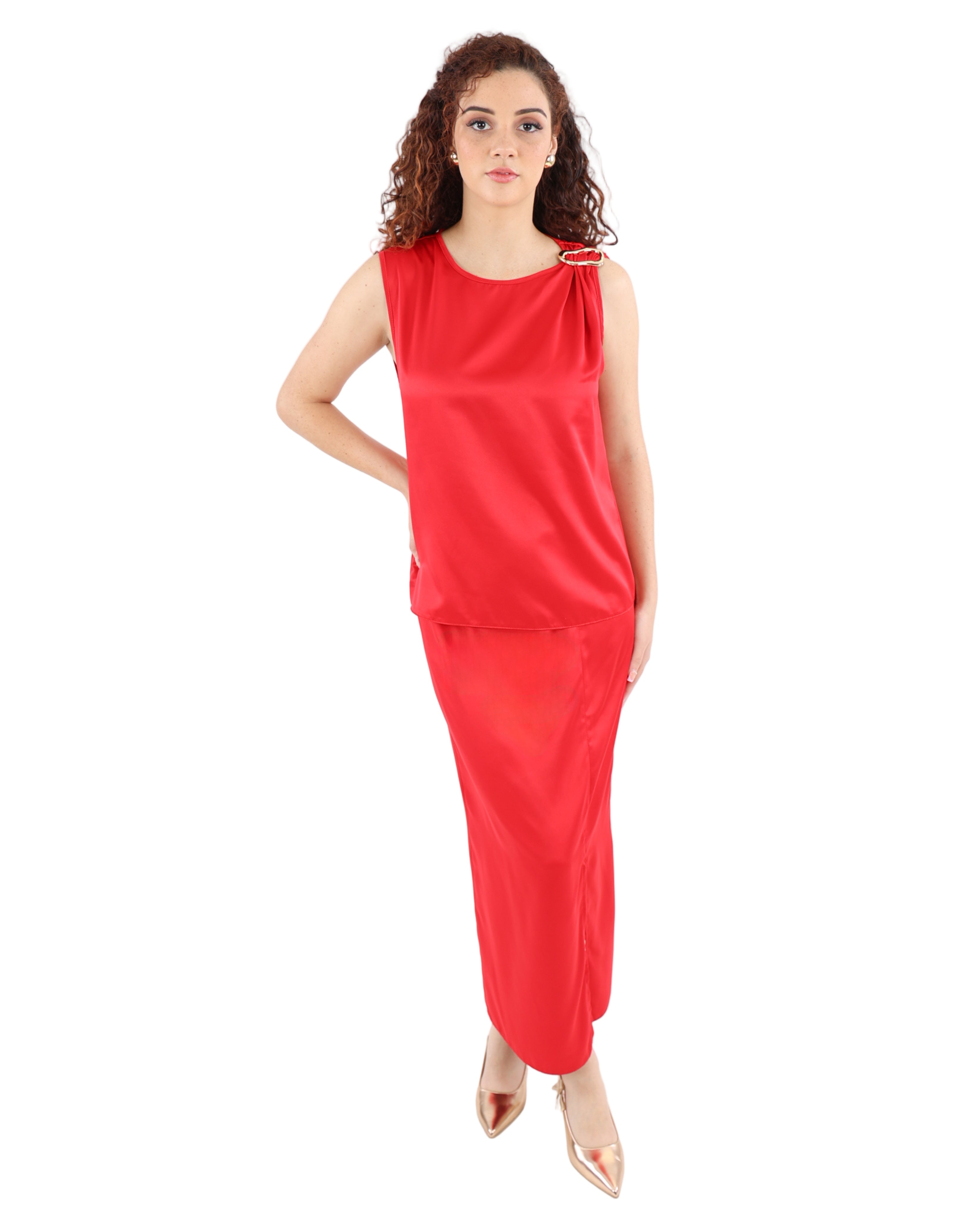 Red Sleeveless Trim Detail Satin Blouse