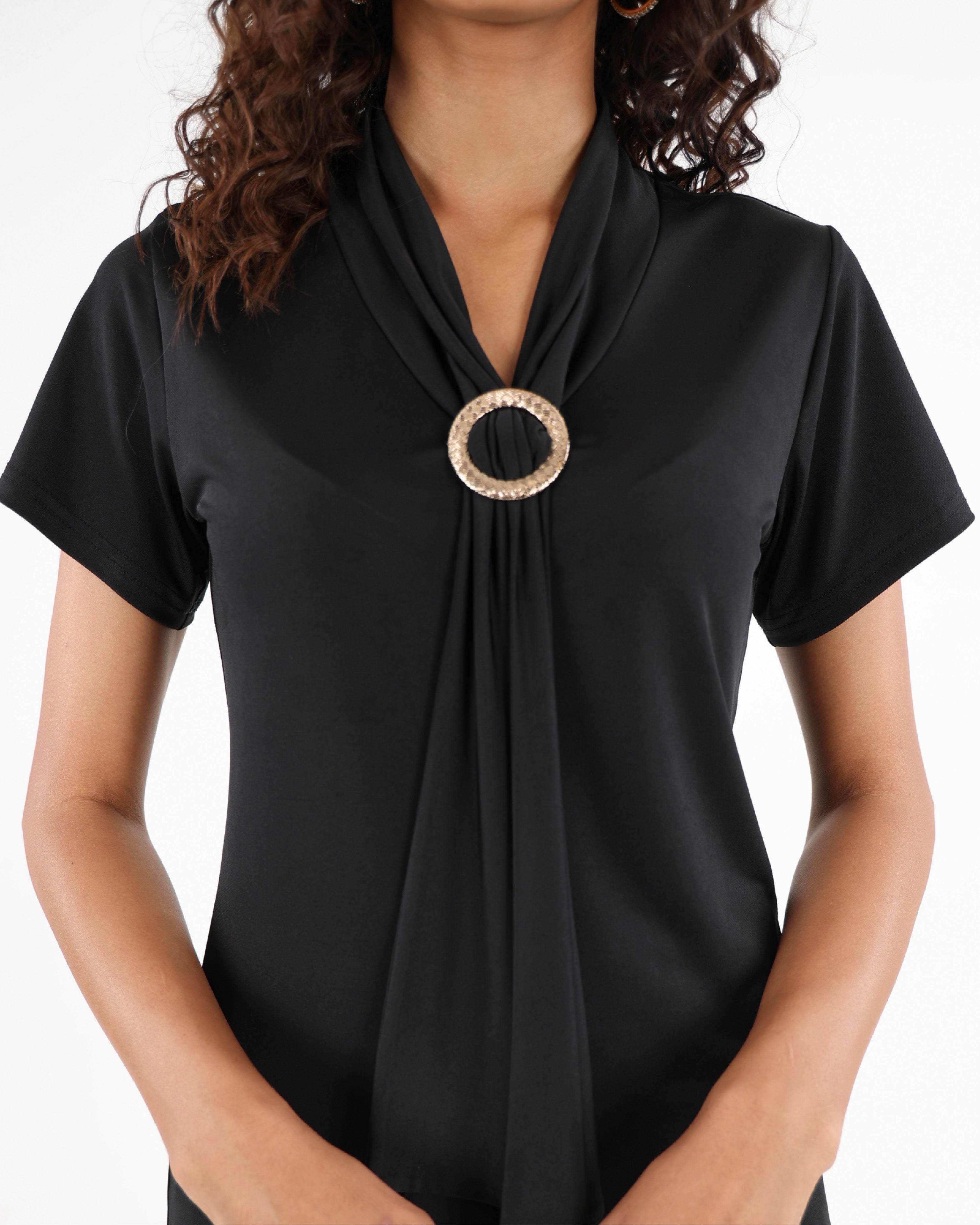 Short Sleeve Buckle Trim Detail Blouse