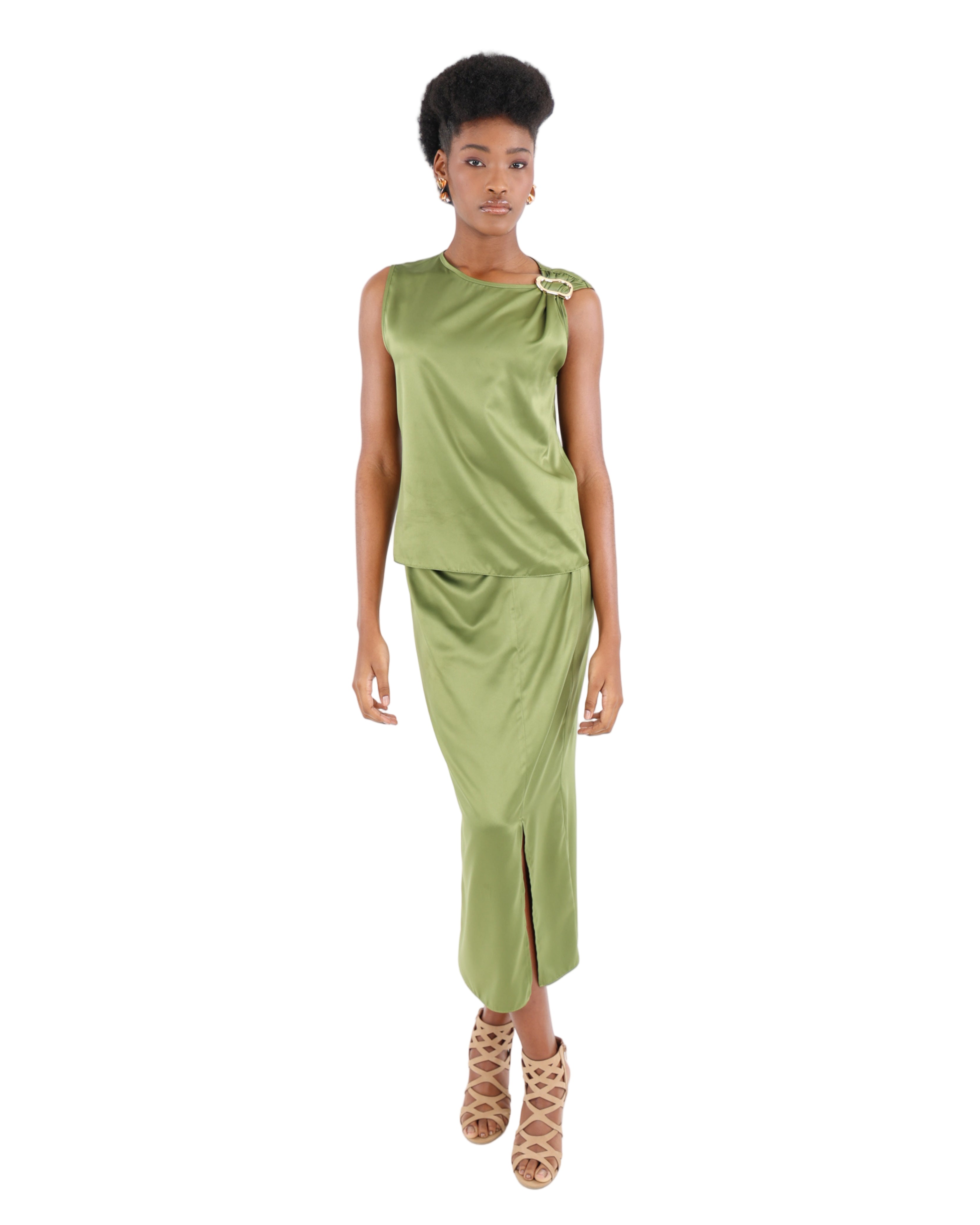 Olive Satin Midi Skirt with Trim Detail