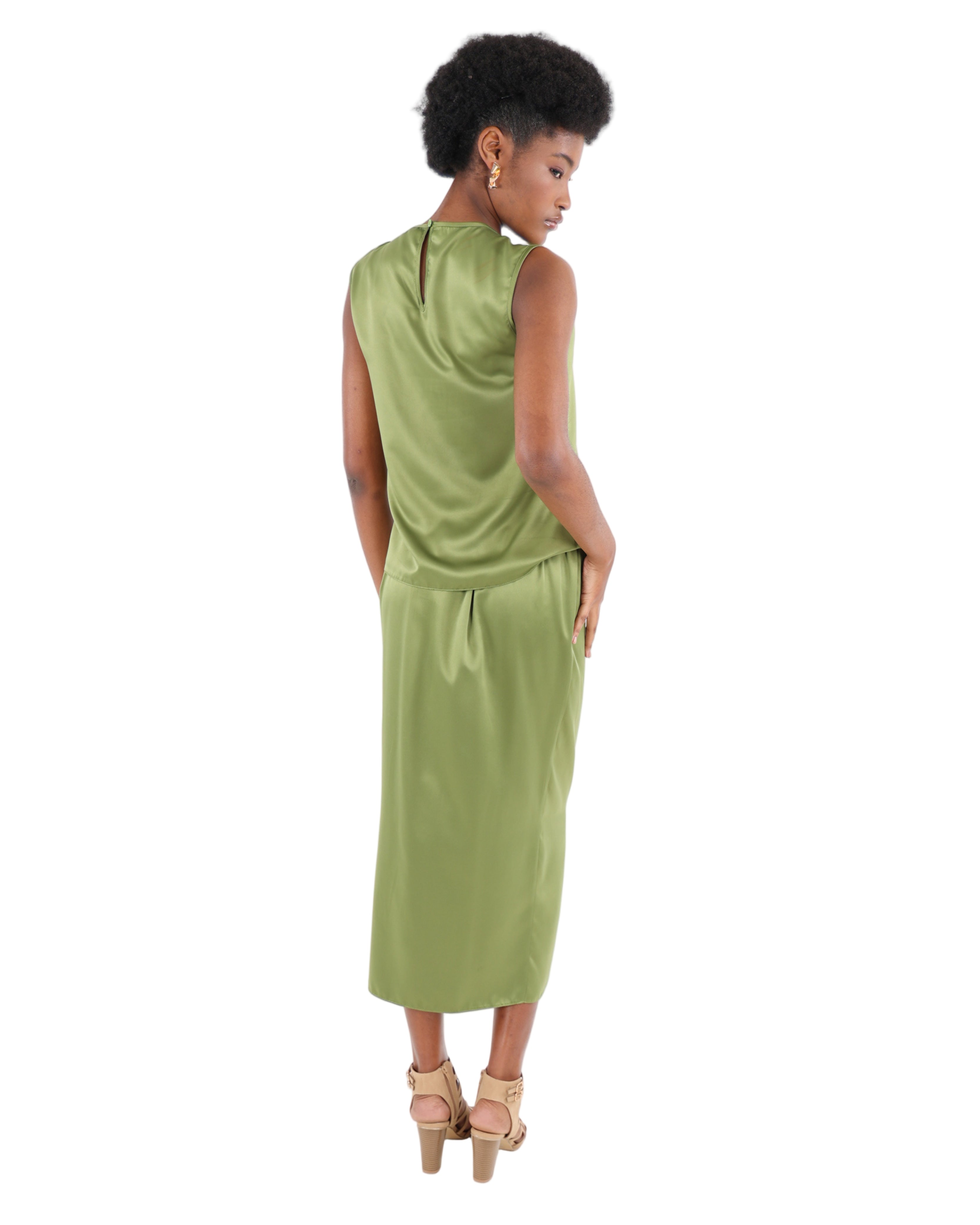 Olive Satin Midi Skirt with Trim Detail