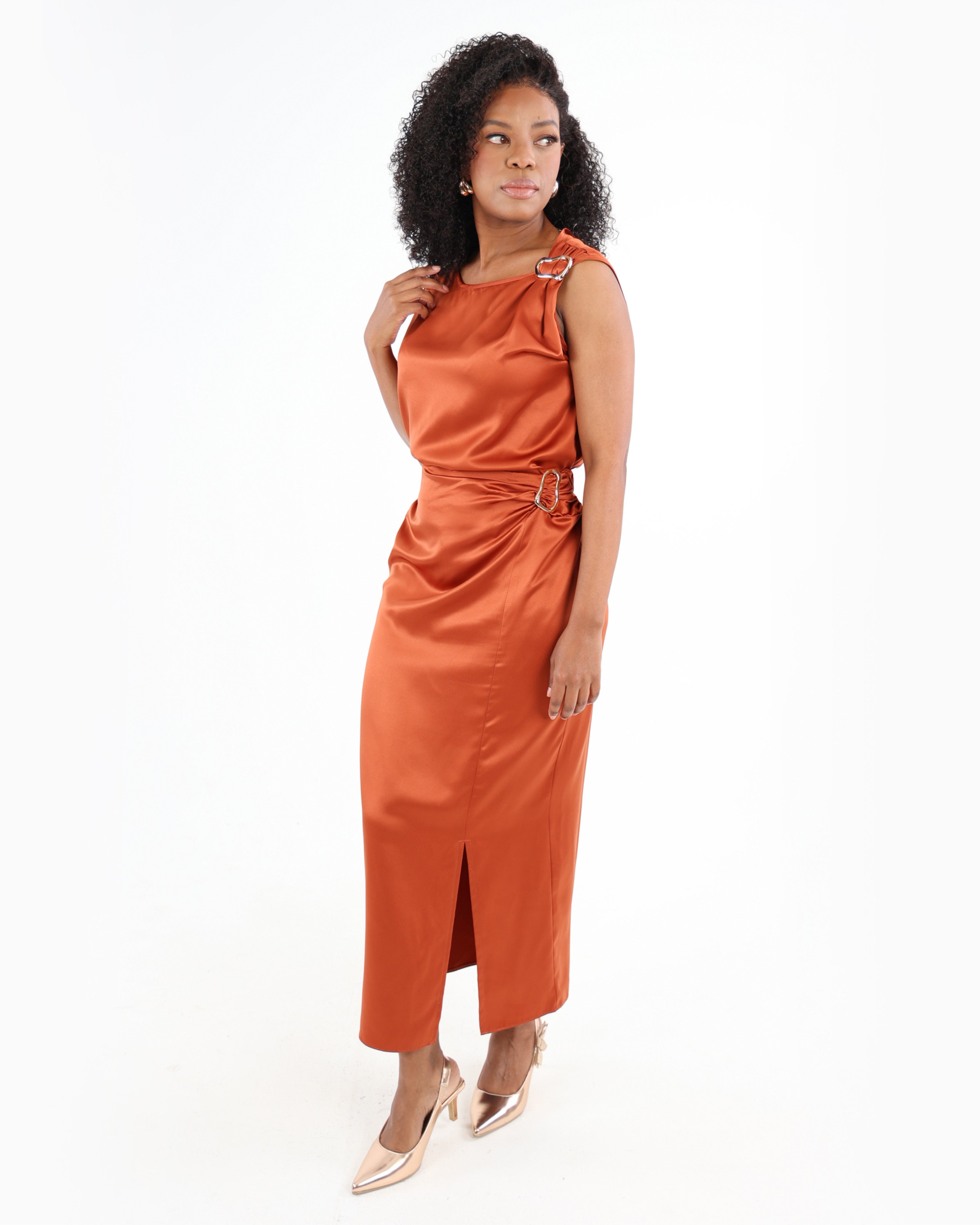 Rust Satin Midi Skirt with Trim Detail