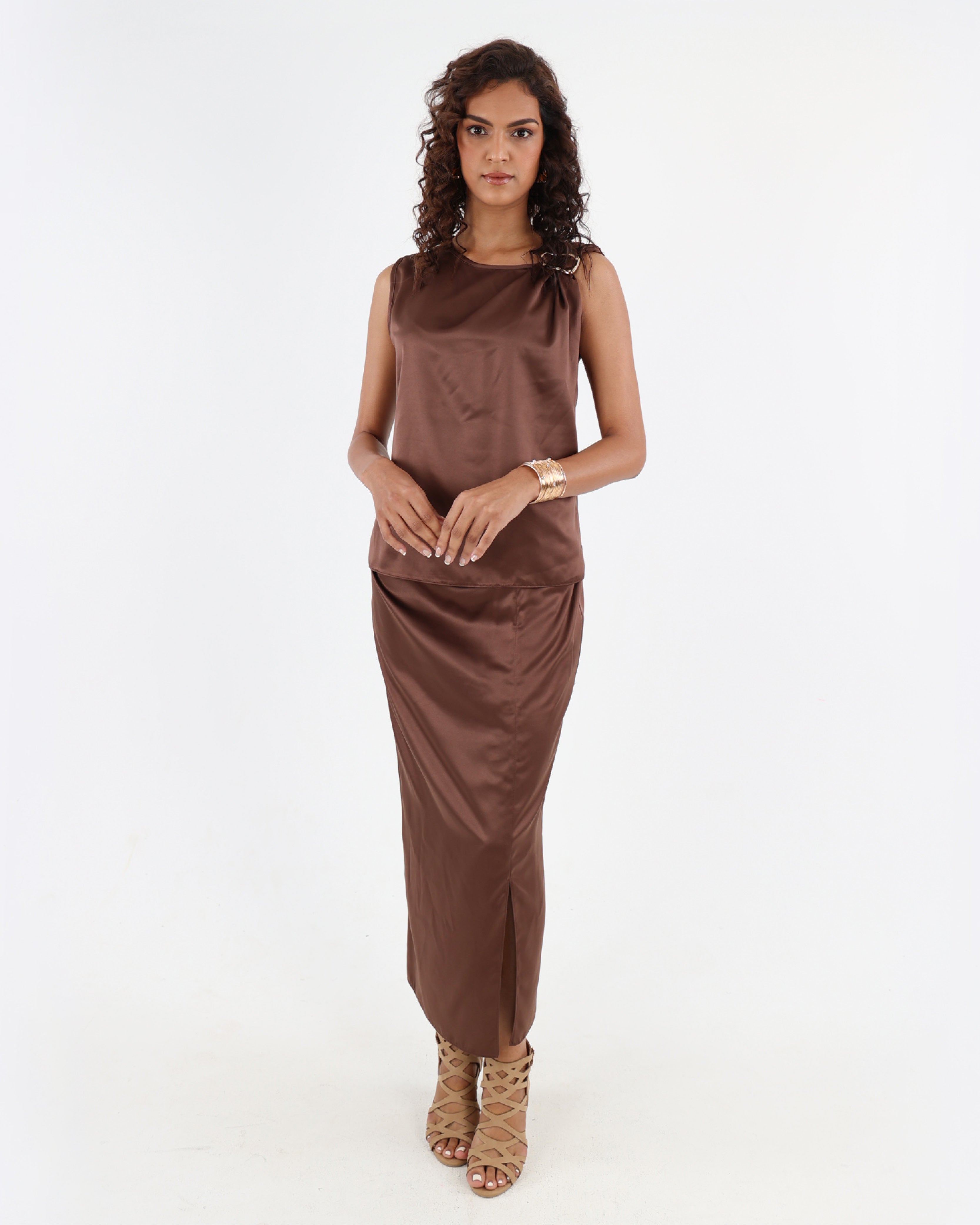 Chocolate Sleeveless Trim Detail Satin Blouse