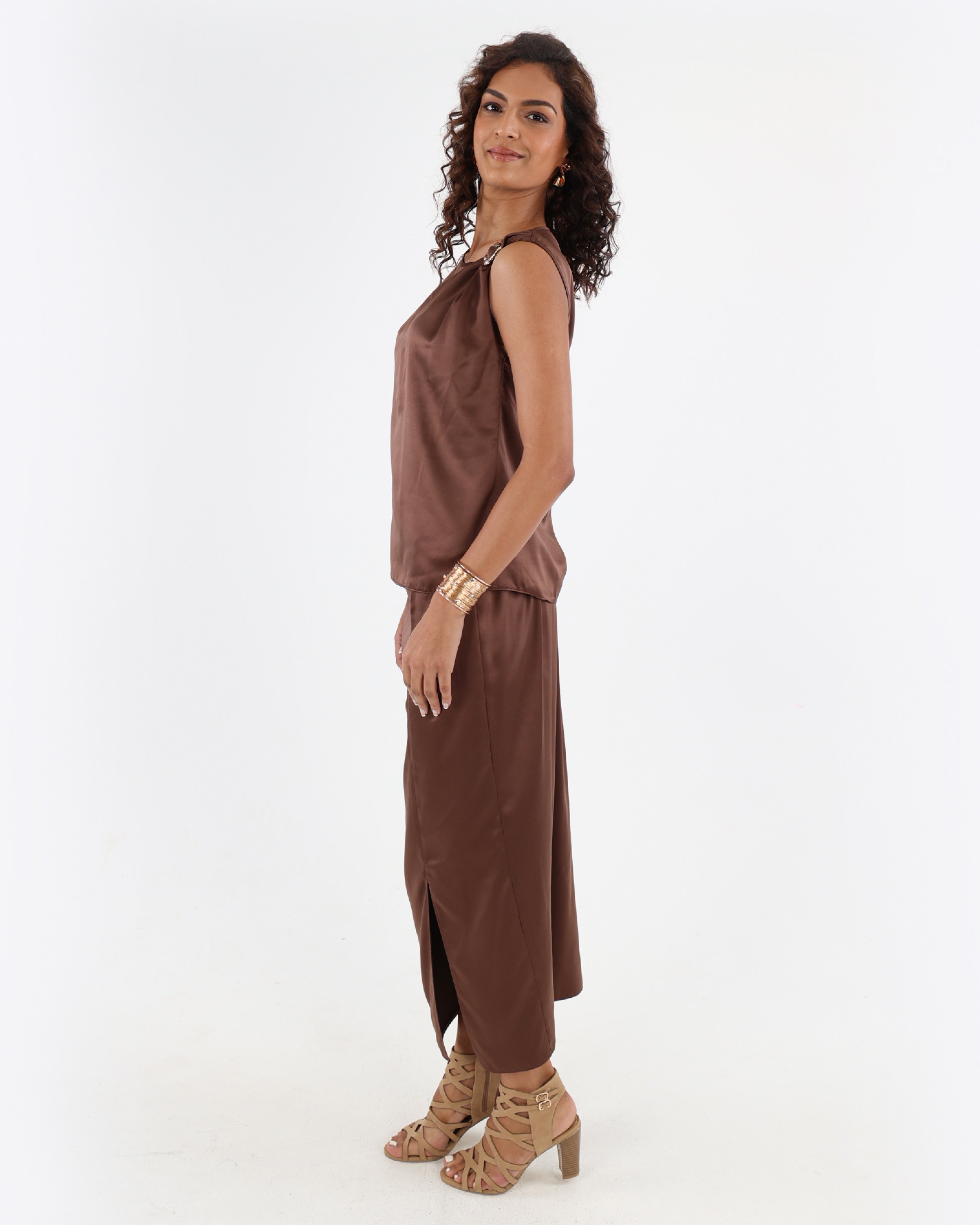 Chocolate Satin Midi Skirt with Trim Detail