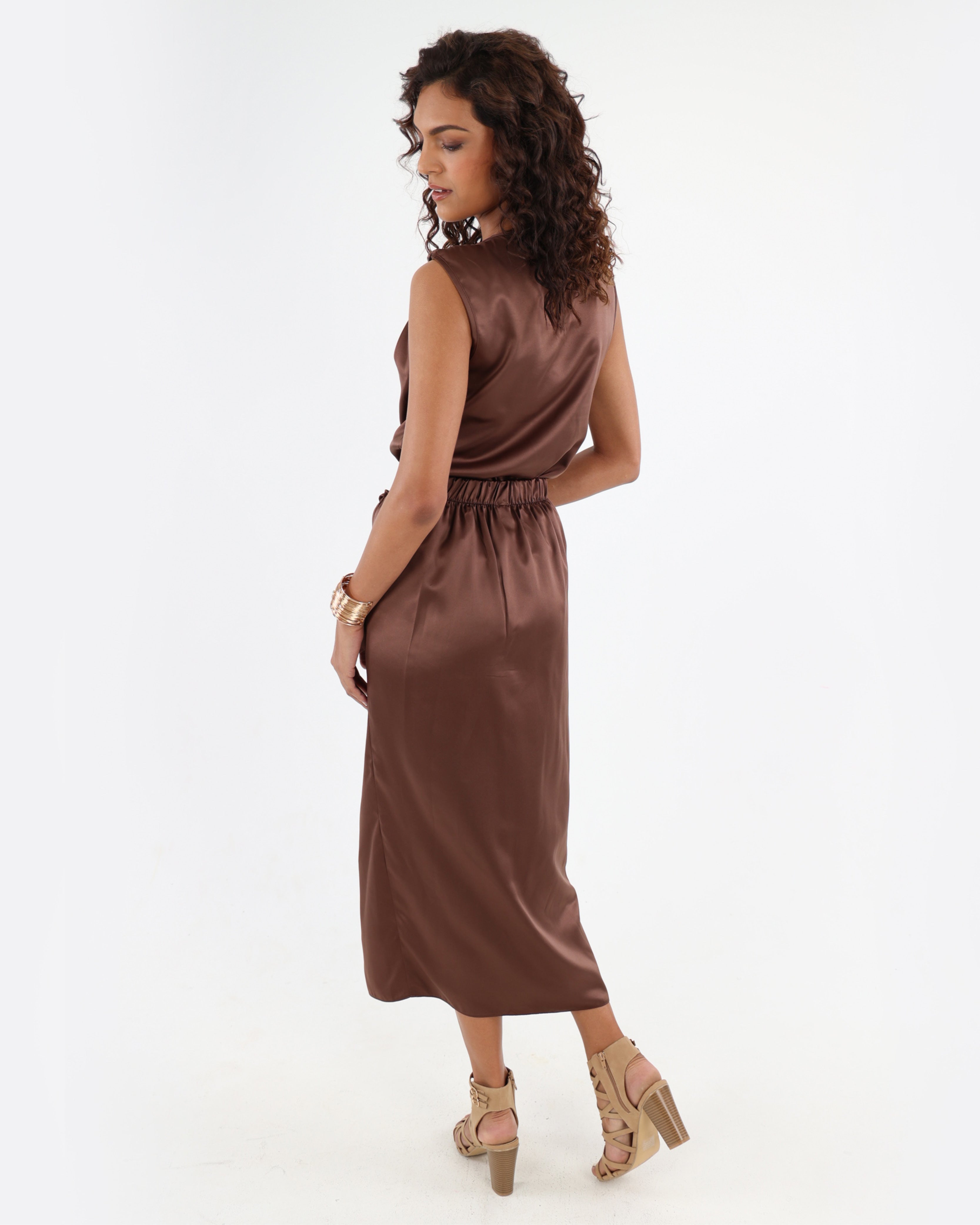 Chocolate Satin Midi Skirt with Trim Detail