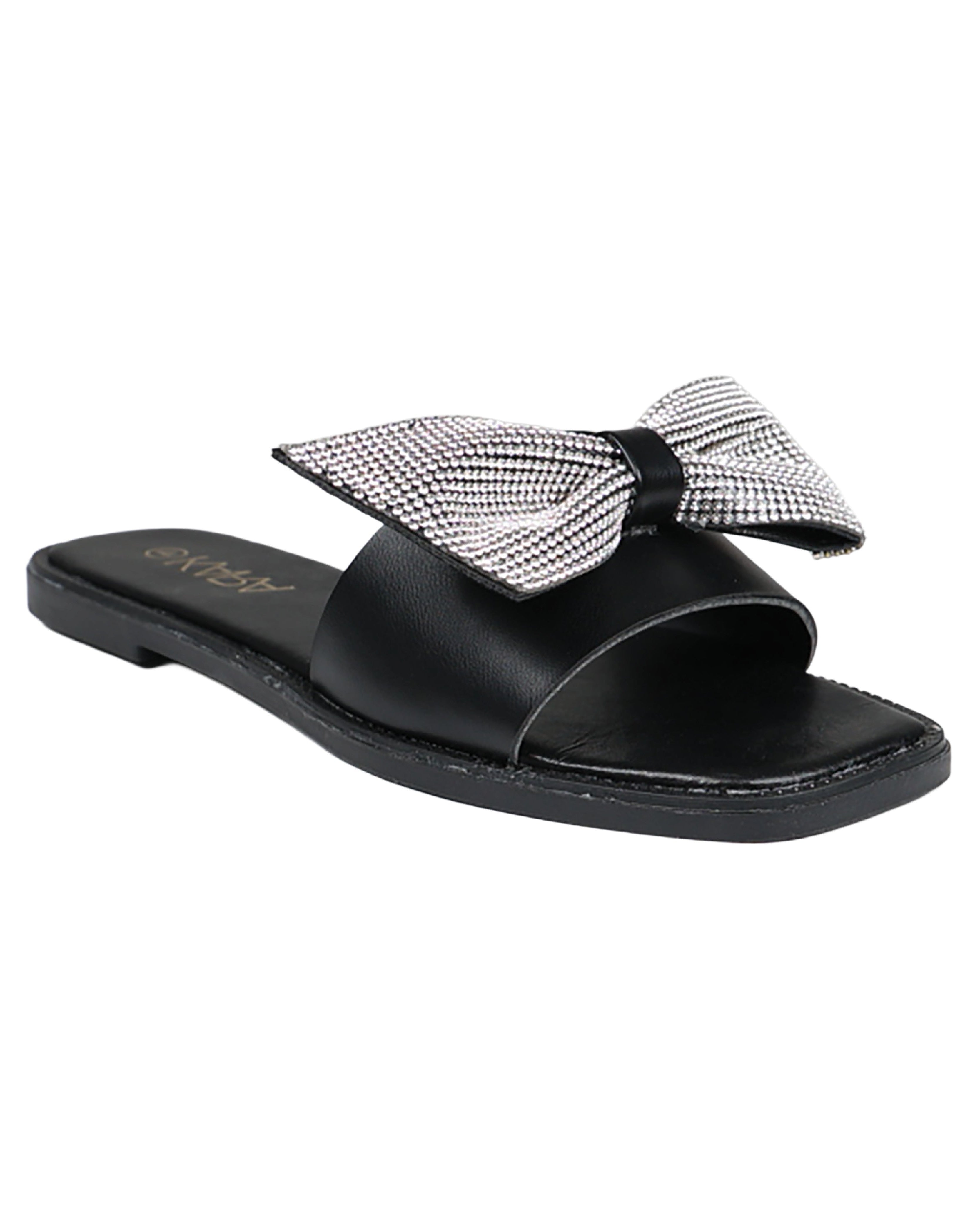 Black Embellished Bow Detail Mule