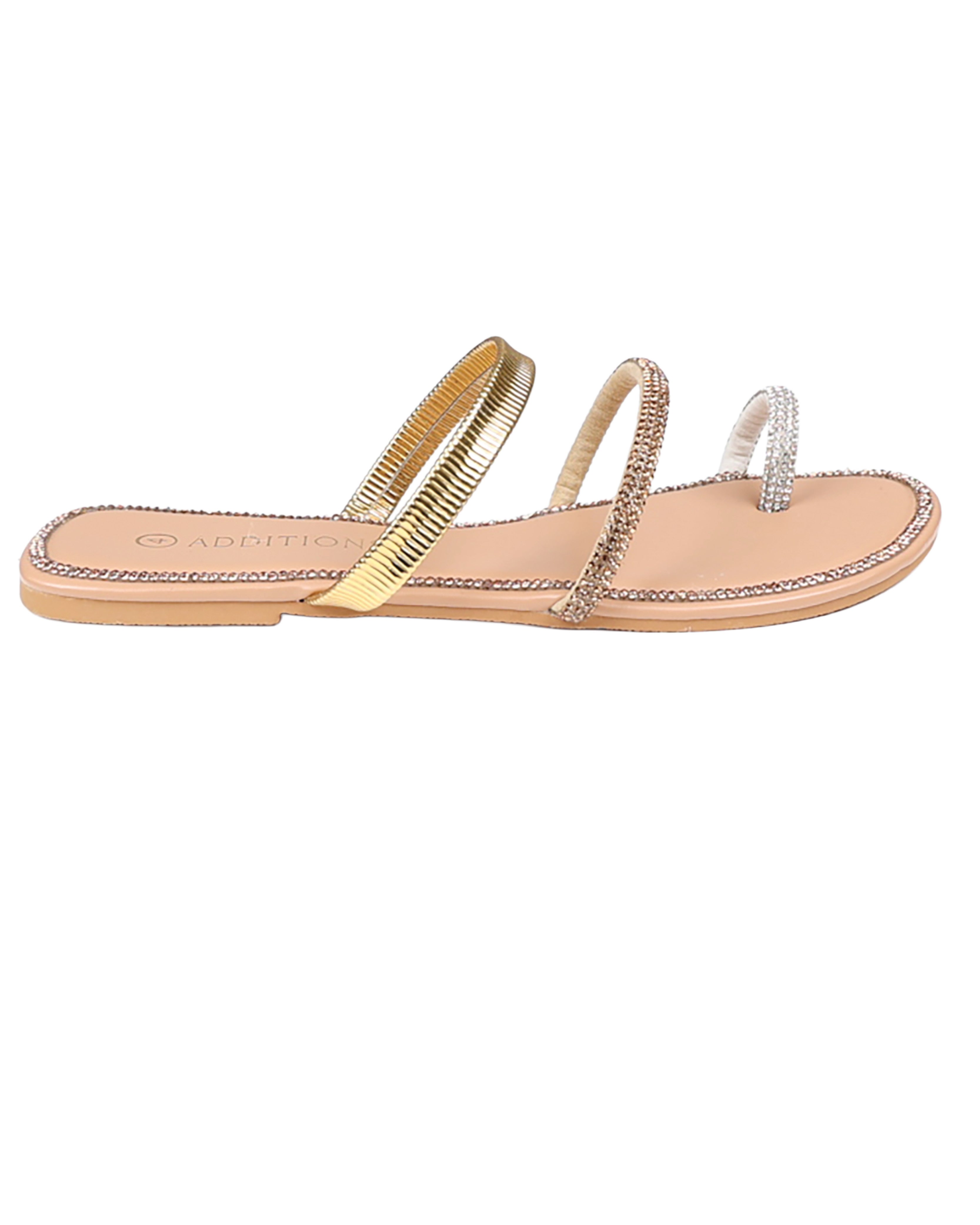 Metallic Embellished Tri-Strap Flat Sandal