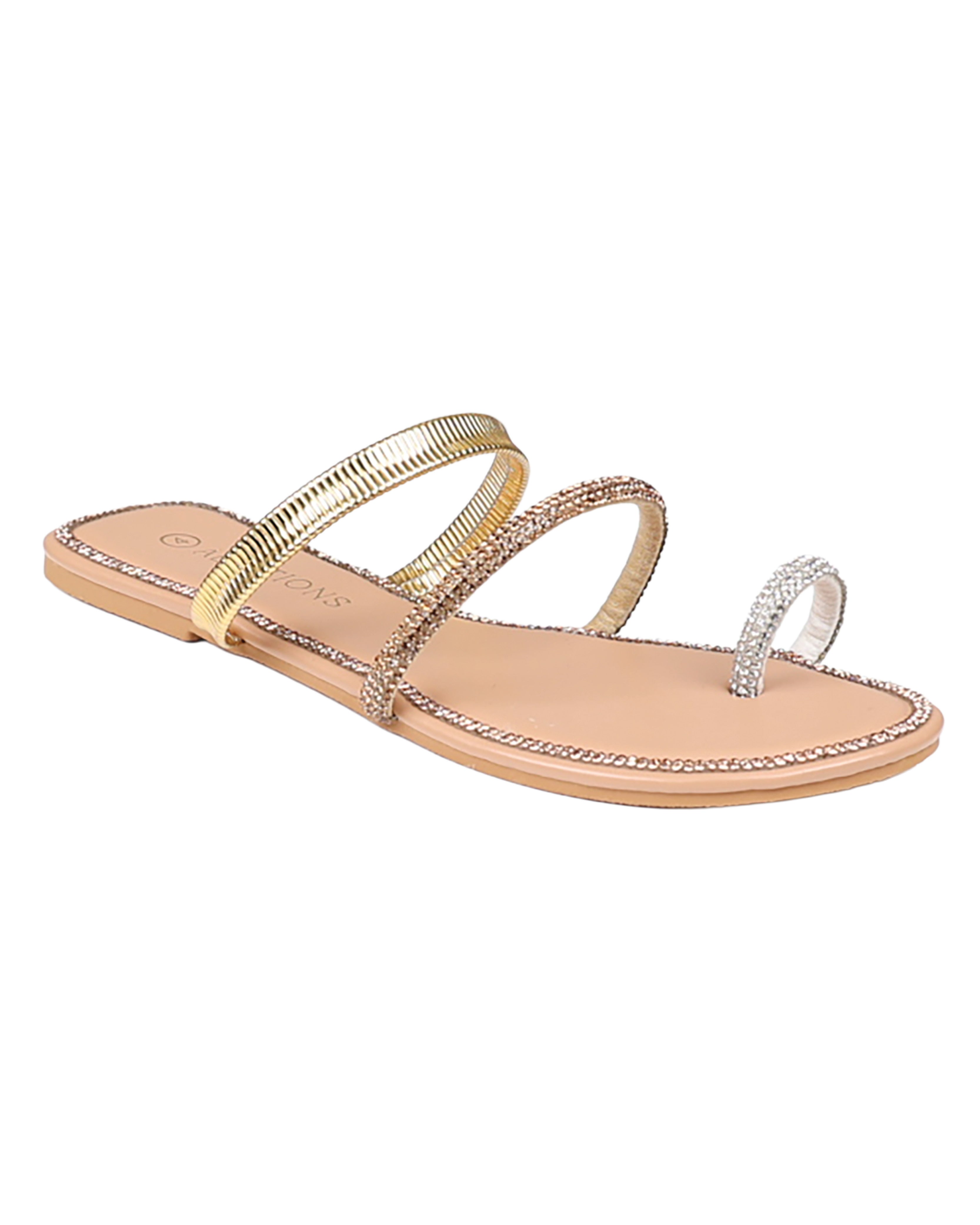 Metallic Embellished Tri-Strap Flat Sandal