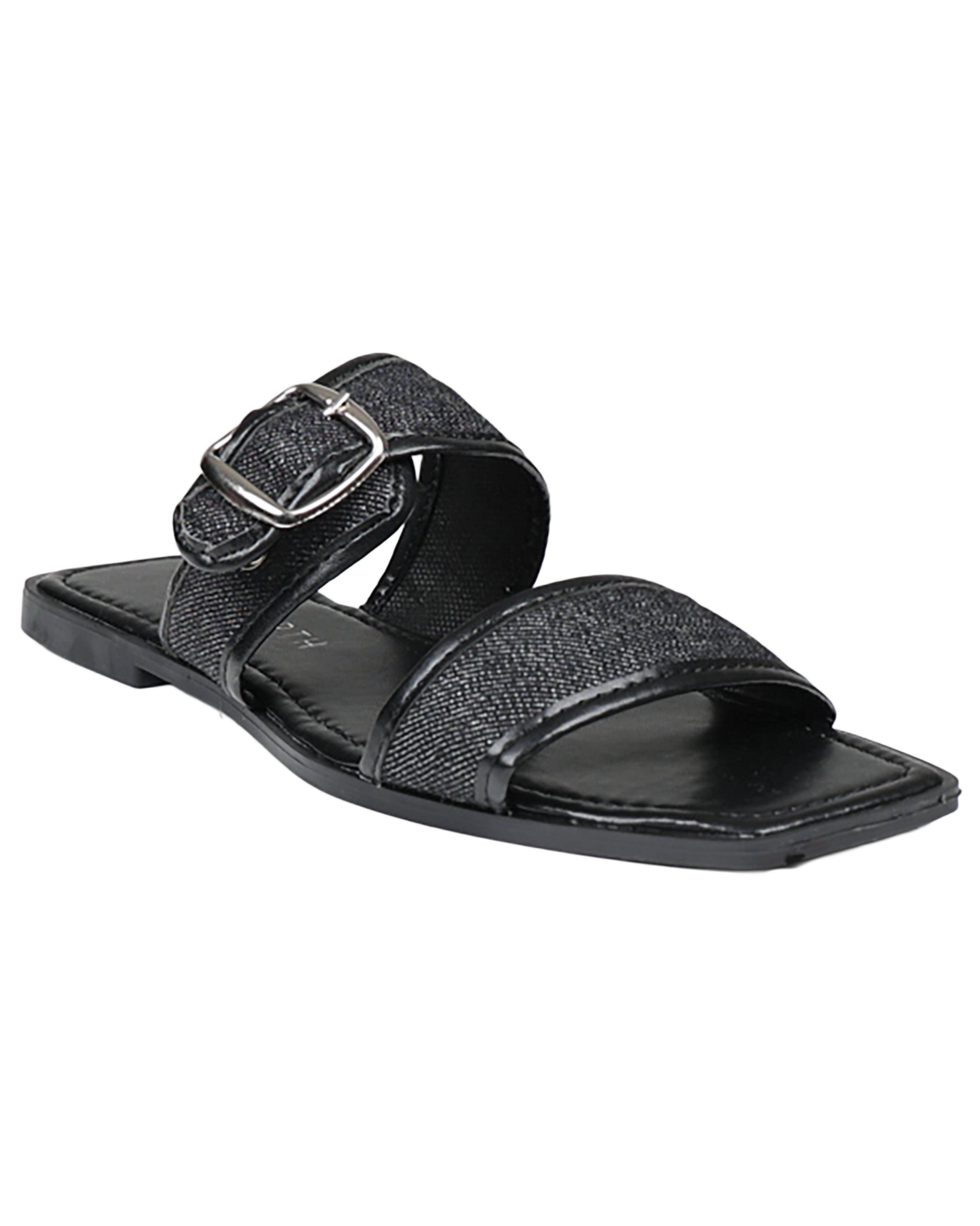 Black Denim Buckle Detail Mule