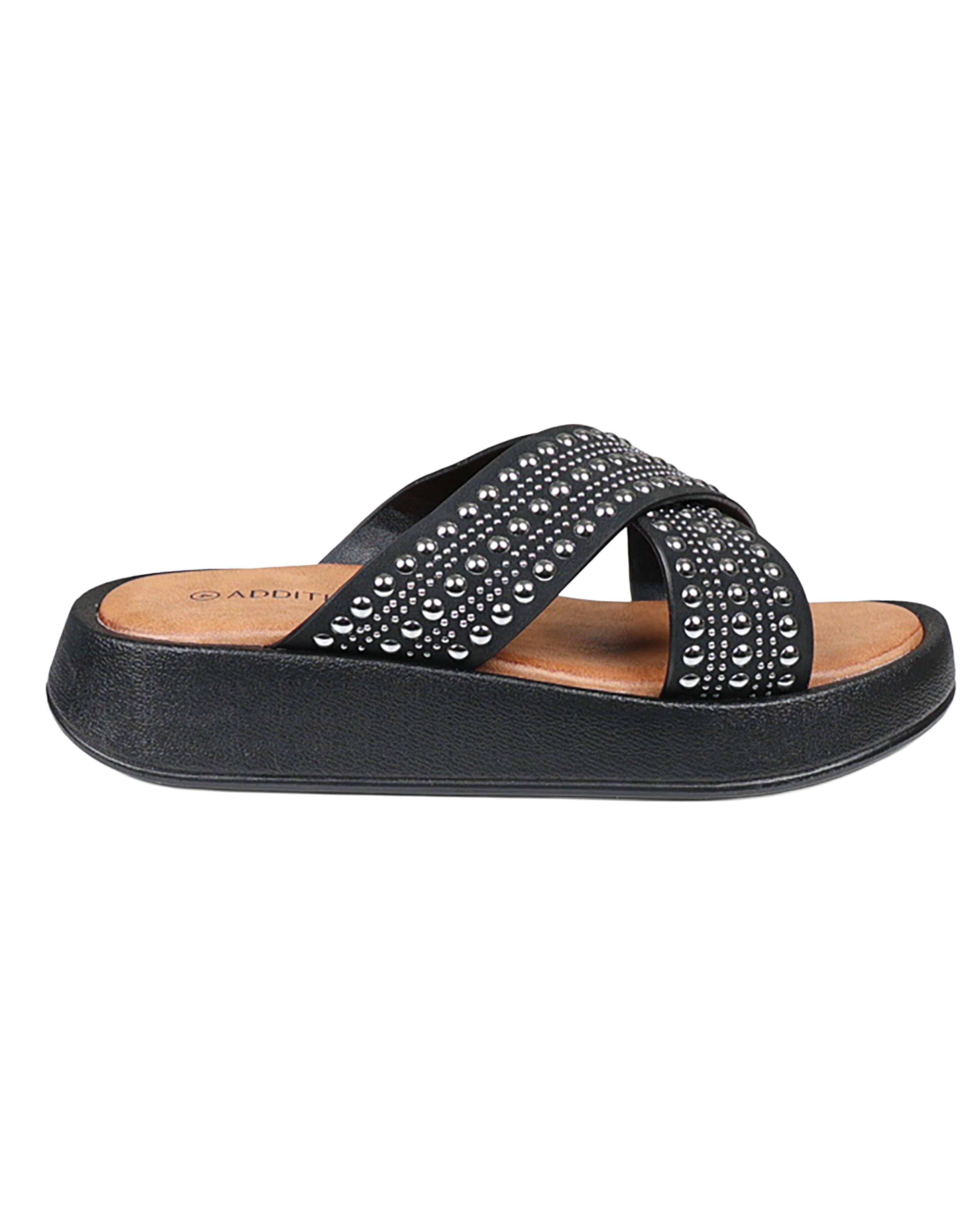 Black Metallic Stud Detail Crossover Flatform Sandals
