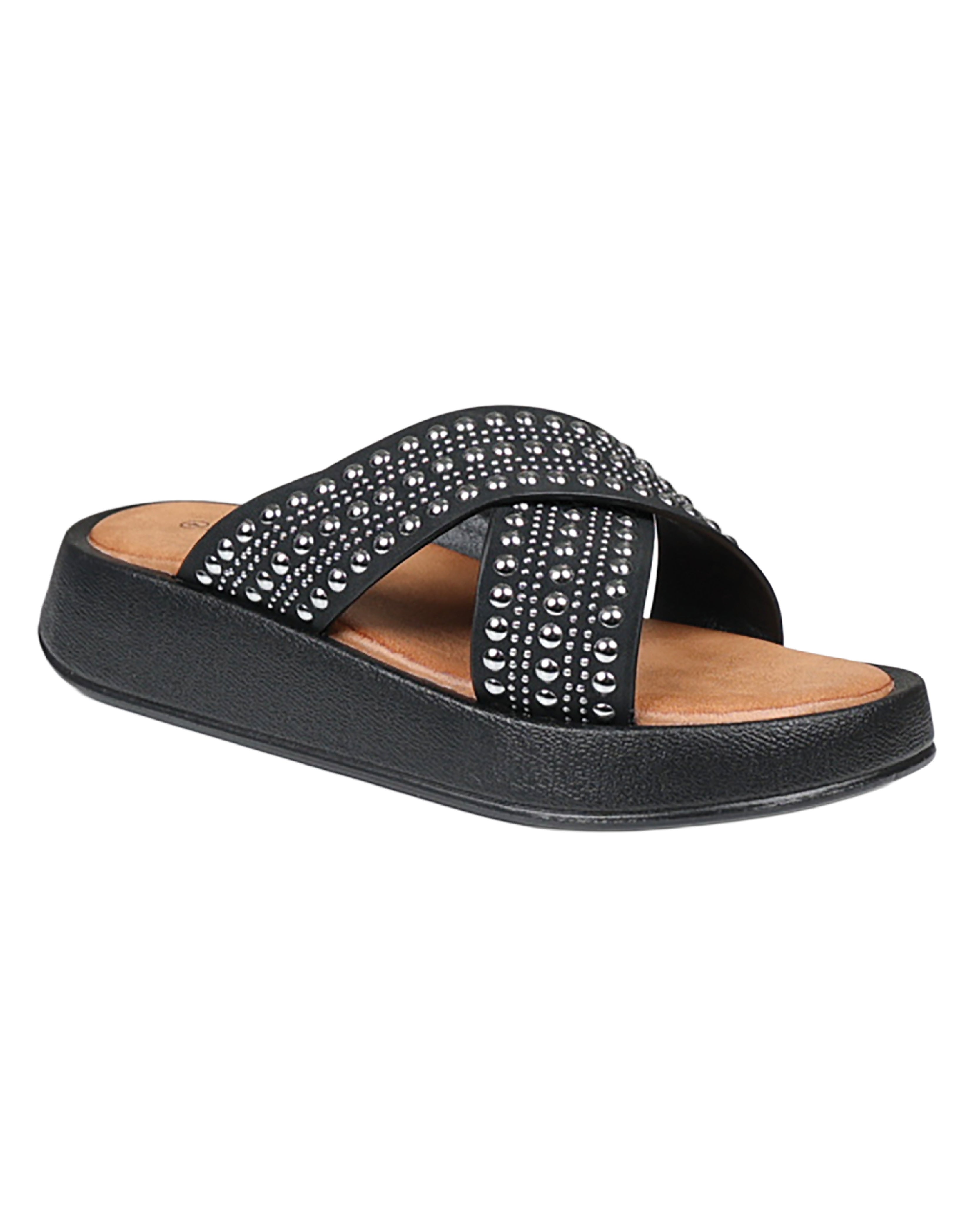 Black Metallic Stud Detail Crossover Flatform Sandals