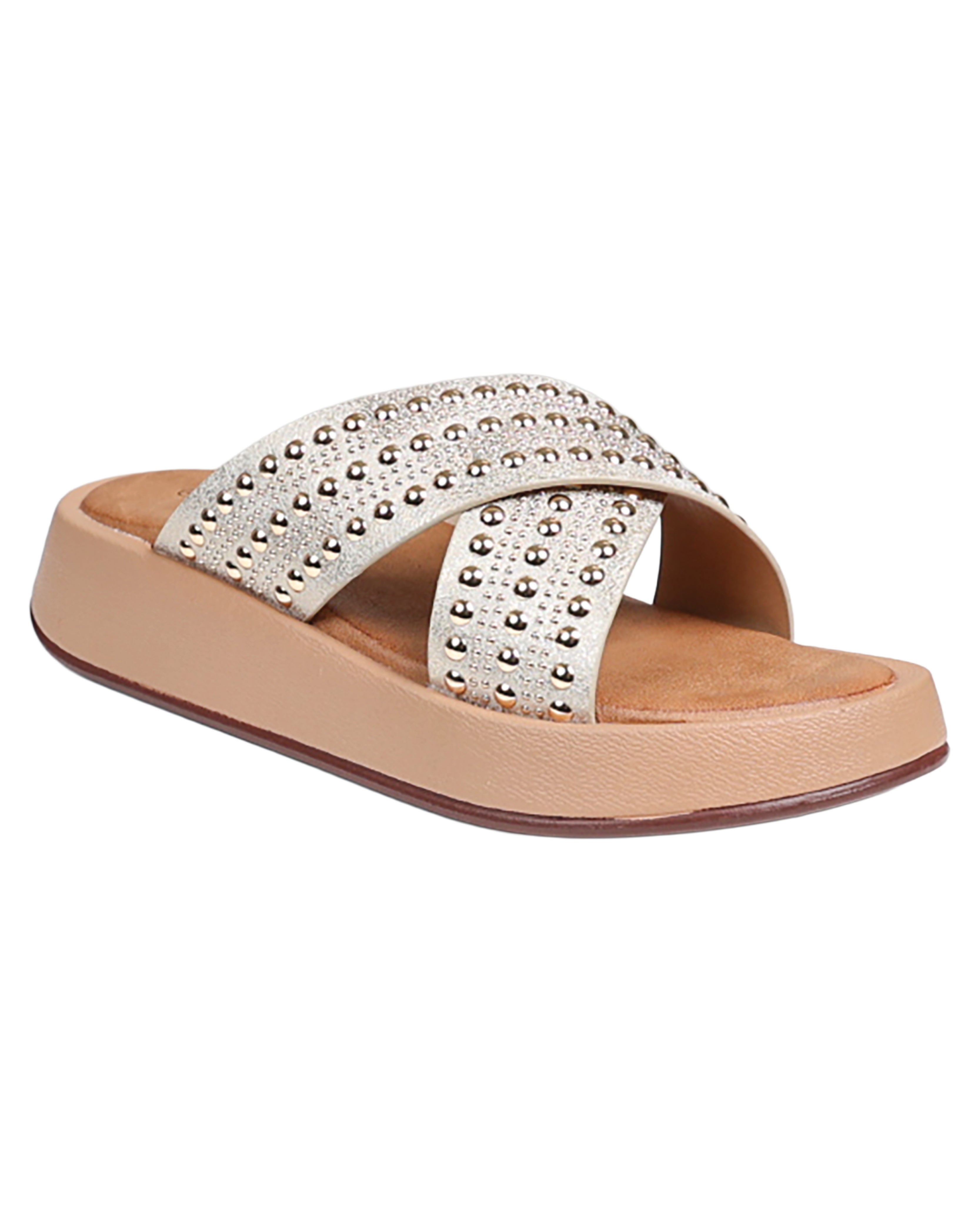 Nude Metallic Stud Detail Crossover Flatform Sandals
