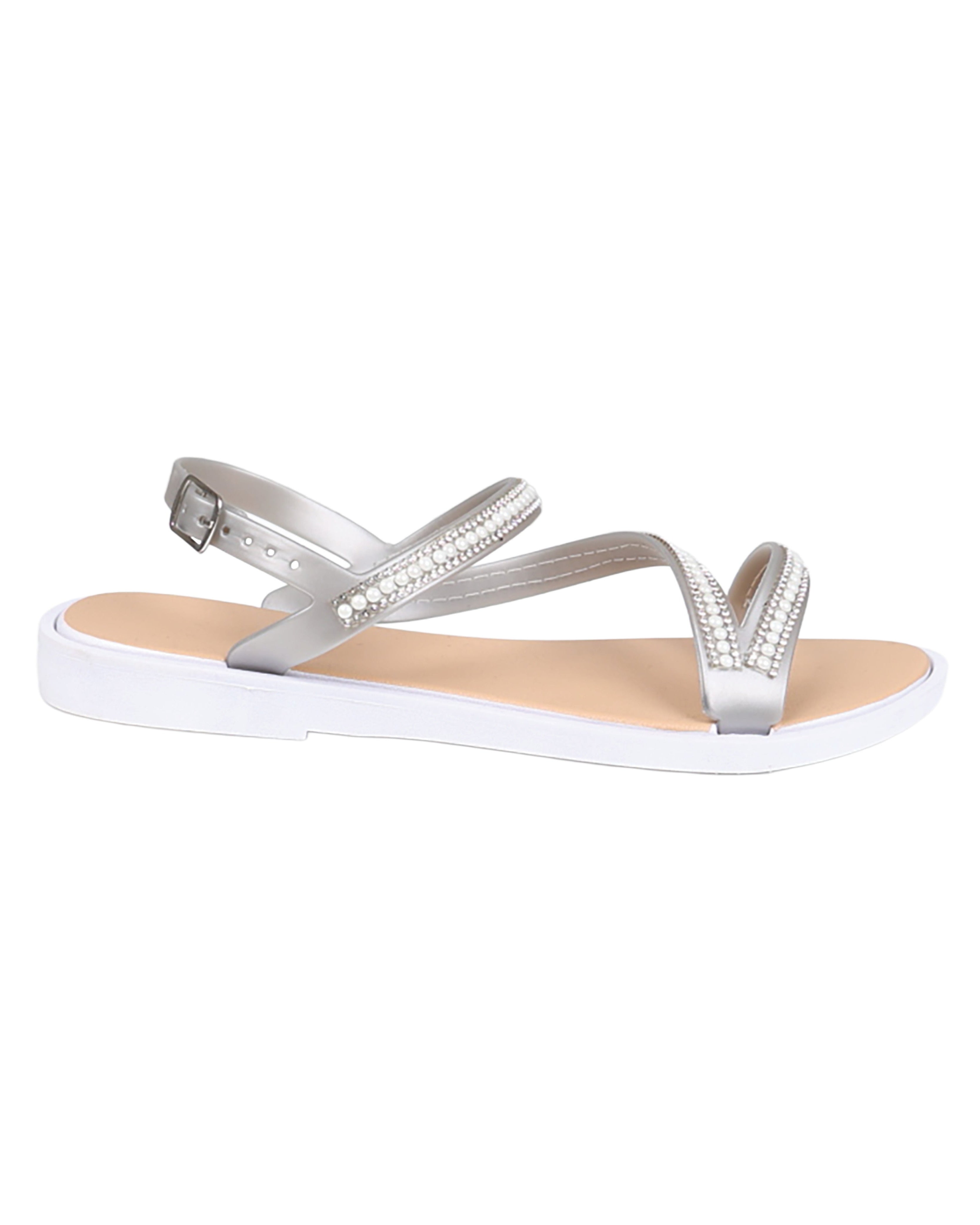 Silver Asymmetrical Pearl Embellished Resort Sandals