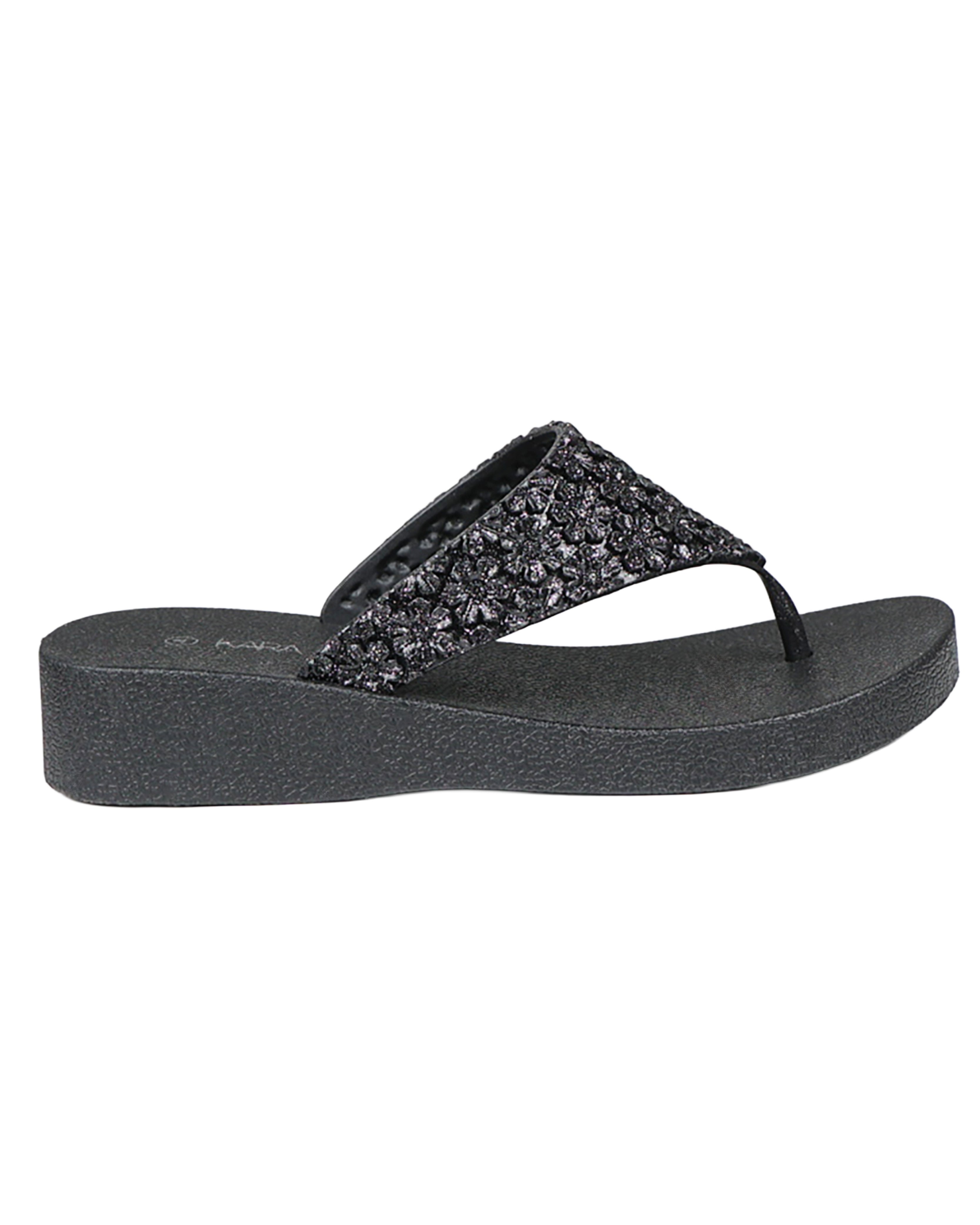 Black Daisy Glitter Detail Jelly Wedge