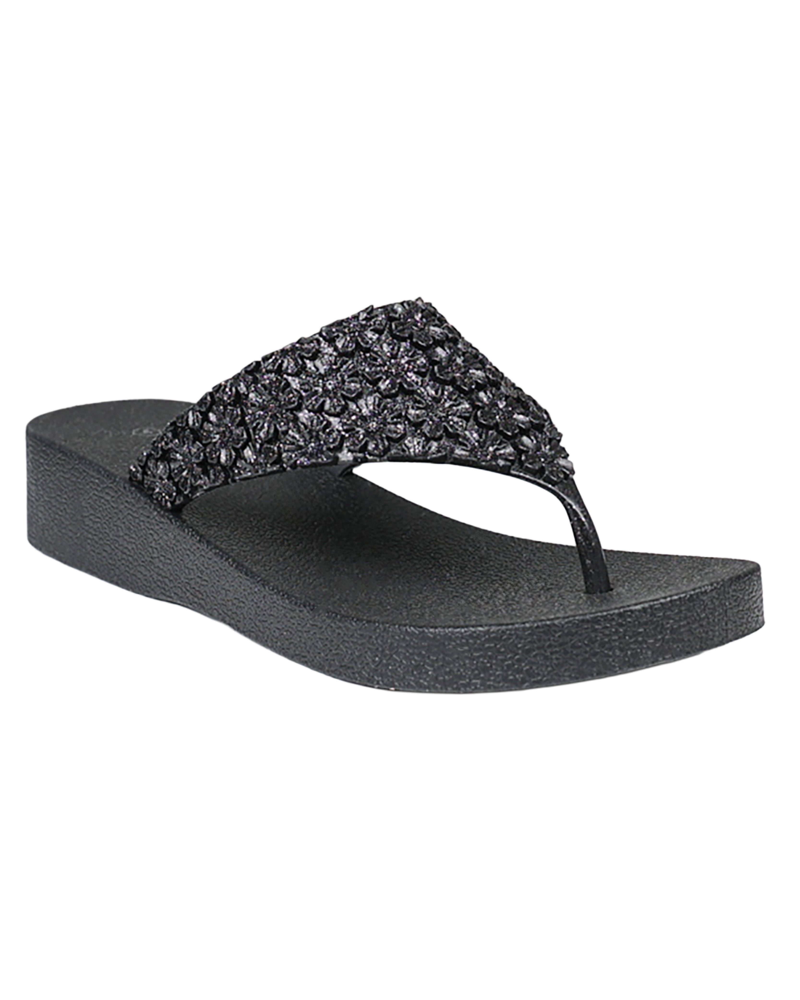 Black Daisy Glitter Detail Jelly Wedge