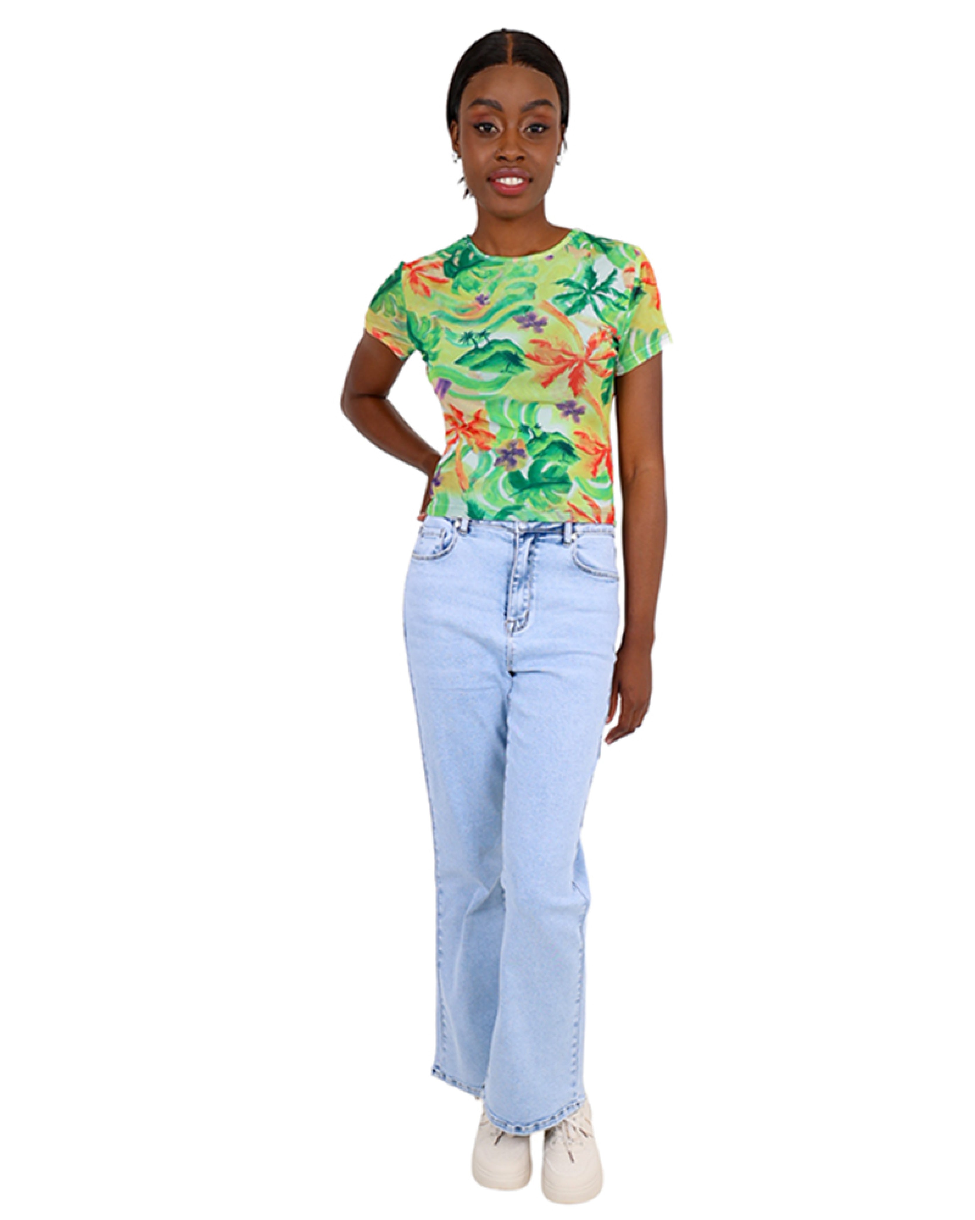 Short Sleeve Tropical Print Mesh Top