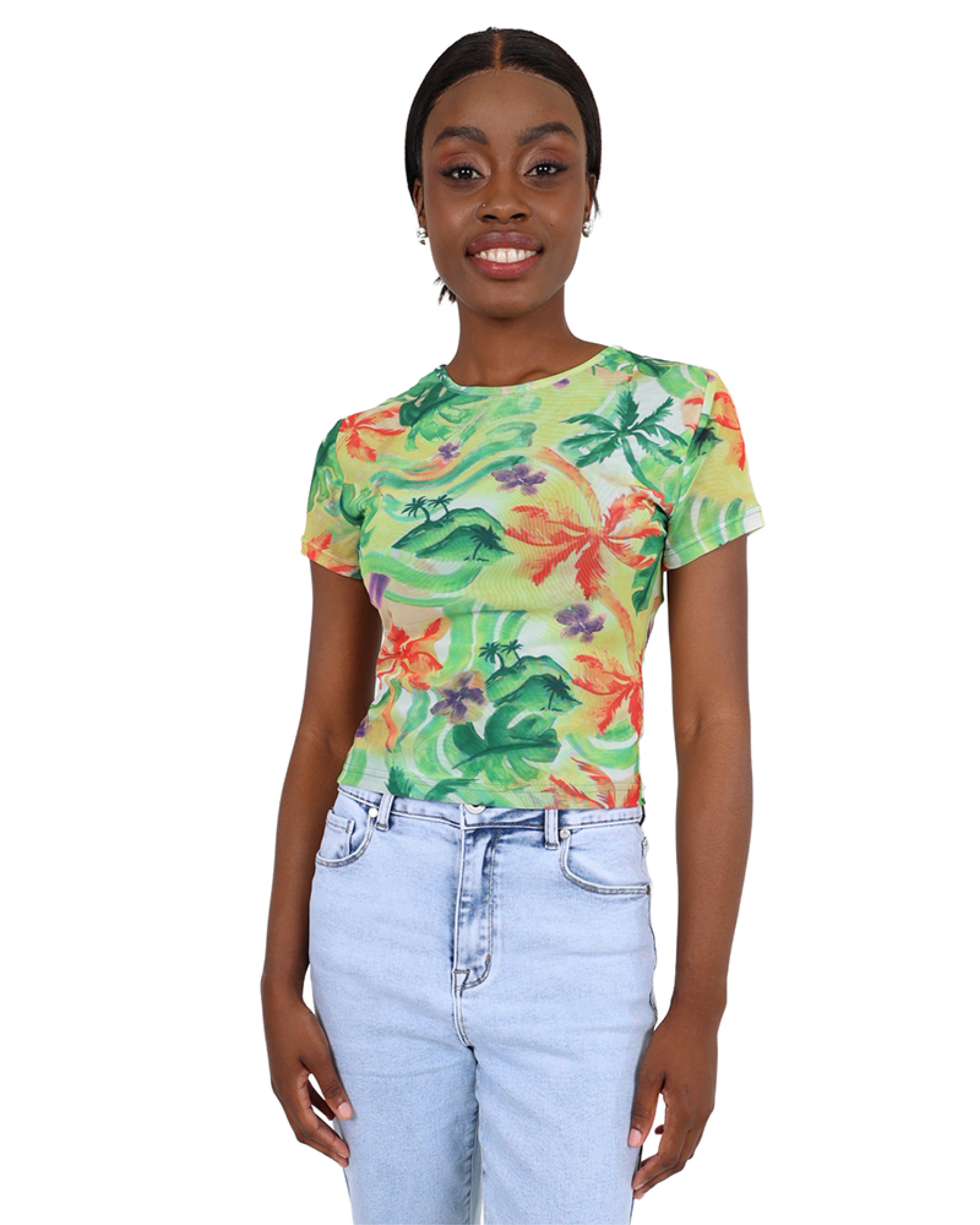 Short Sleeve Tropical Print Mesh Top