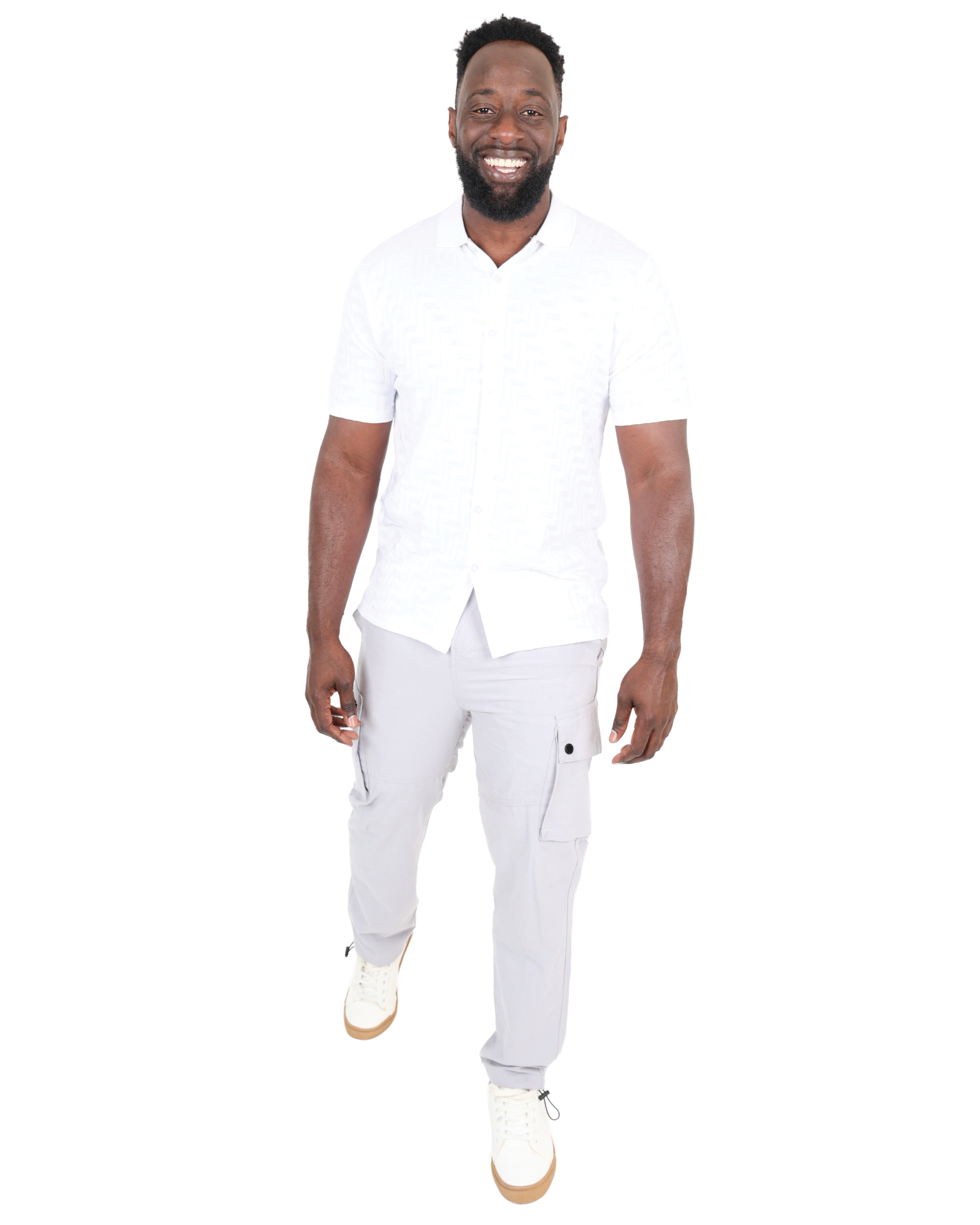 White Short Sleeve Button Through Jacquard Golfer
