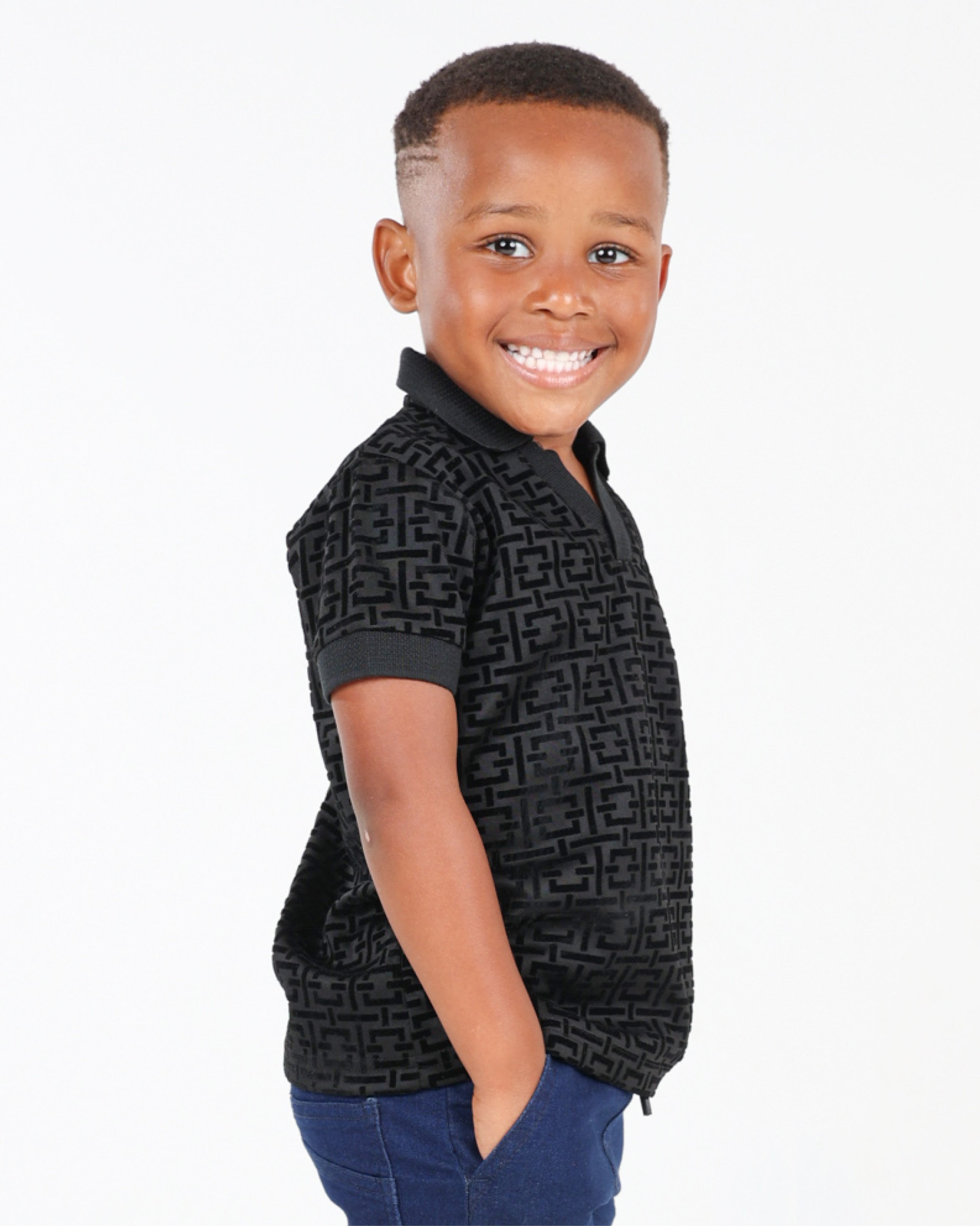 Short Sleeve Geometric Flock Print Johnny Collar T-Shir