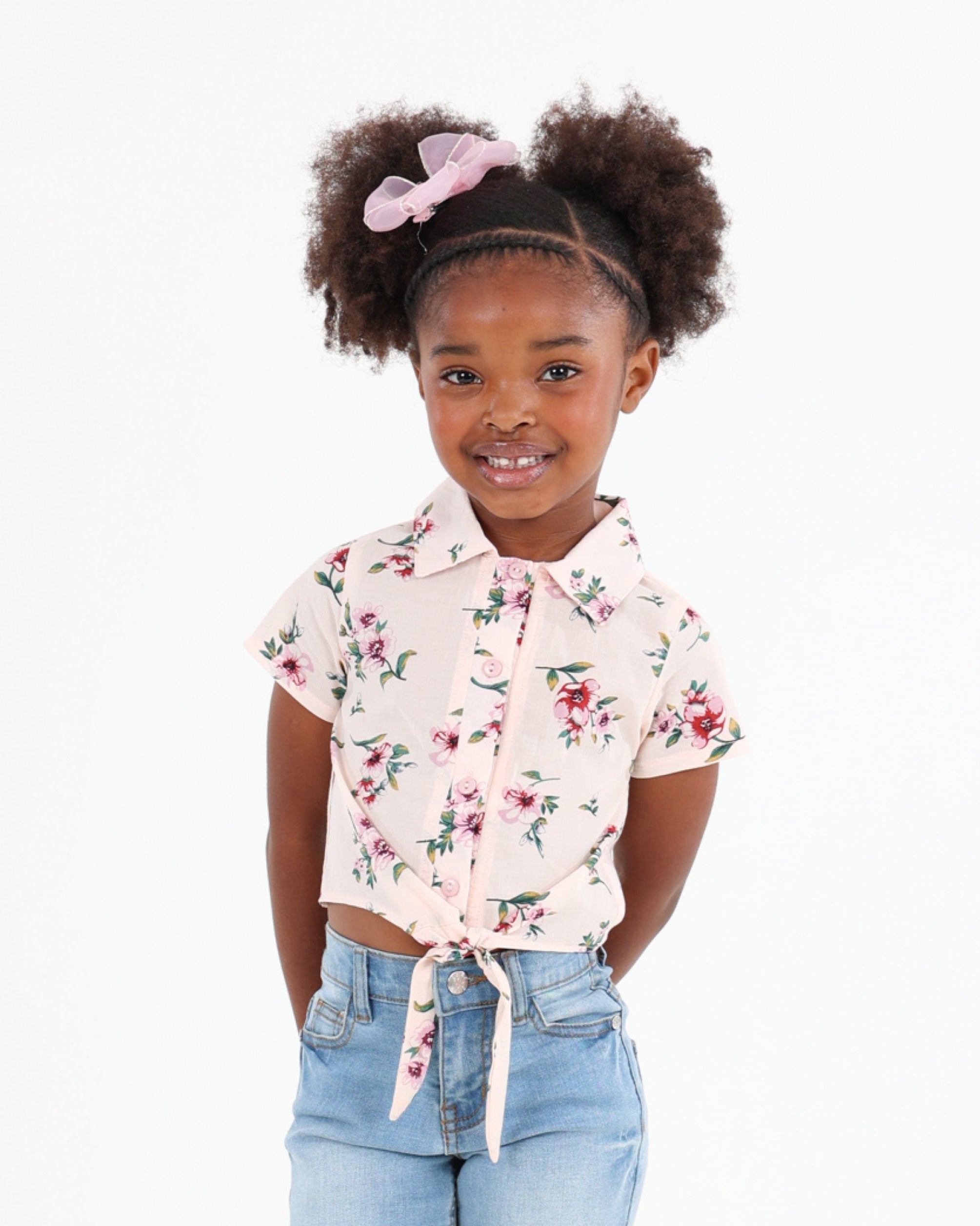 Short Sleeve Floral Button Up Tie Front Shirt