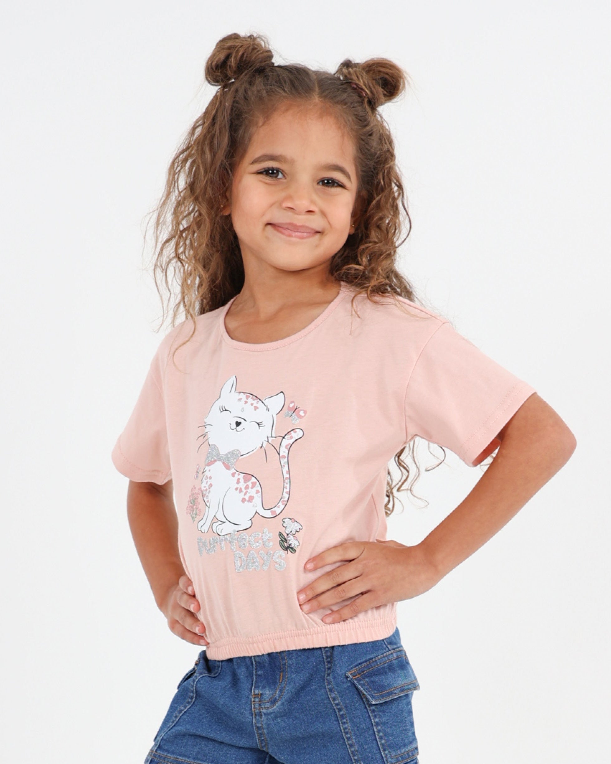 Short Sleeve Elasticated Hem Cat Graphic T-Shirt