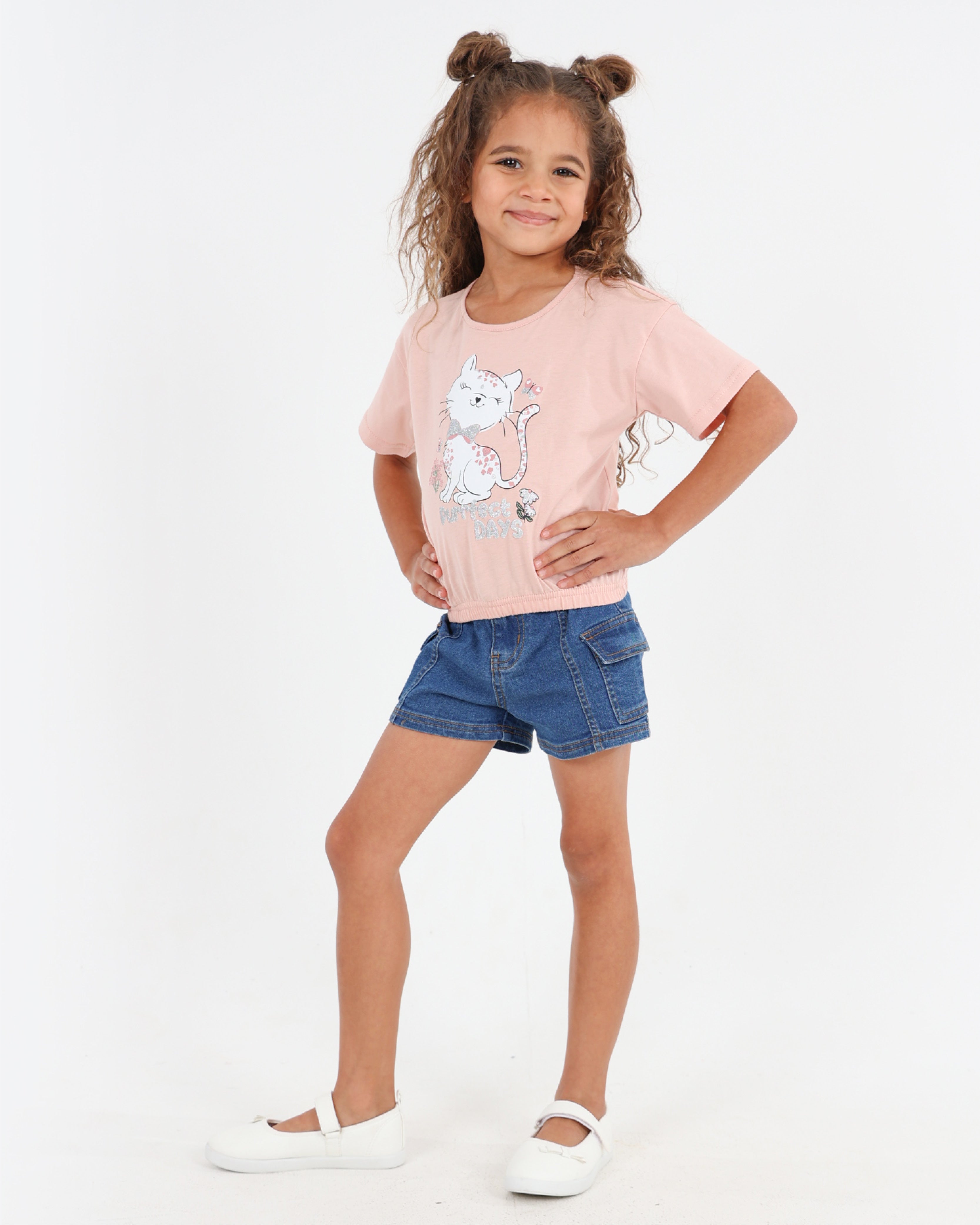 Short Sleeve Elasticated Hem Cat Graphic T-Shirt