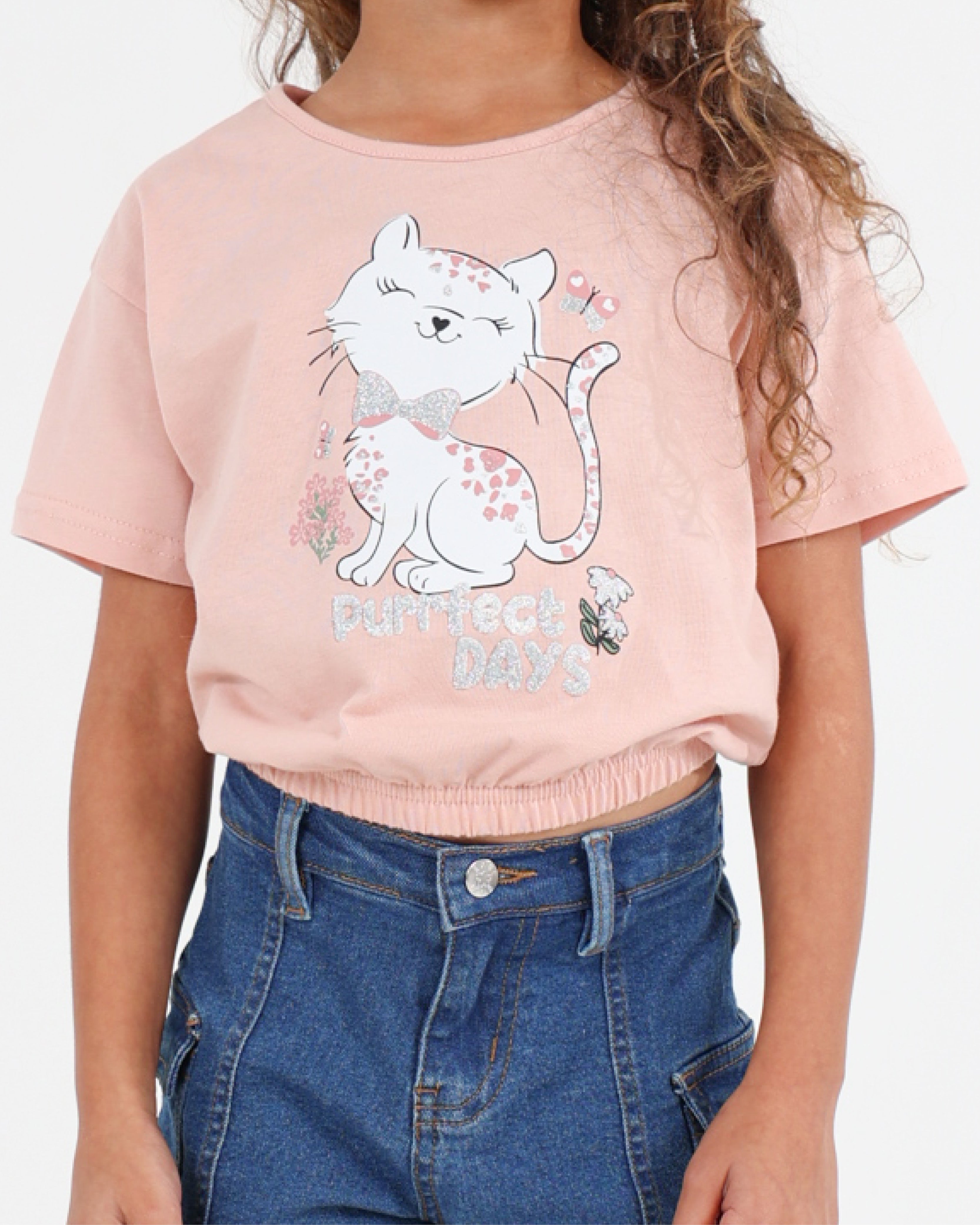 Short Sleeve Elasticated Hem Cat Graphic T-Shirt