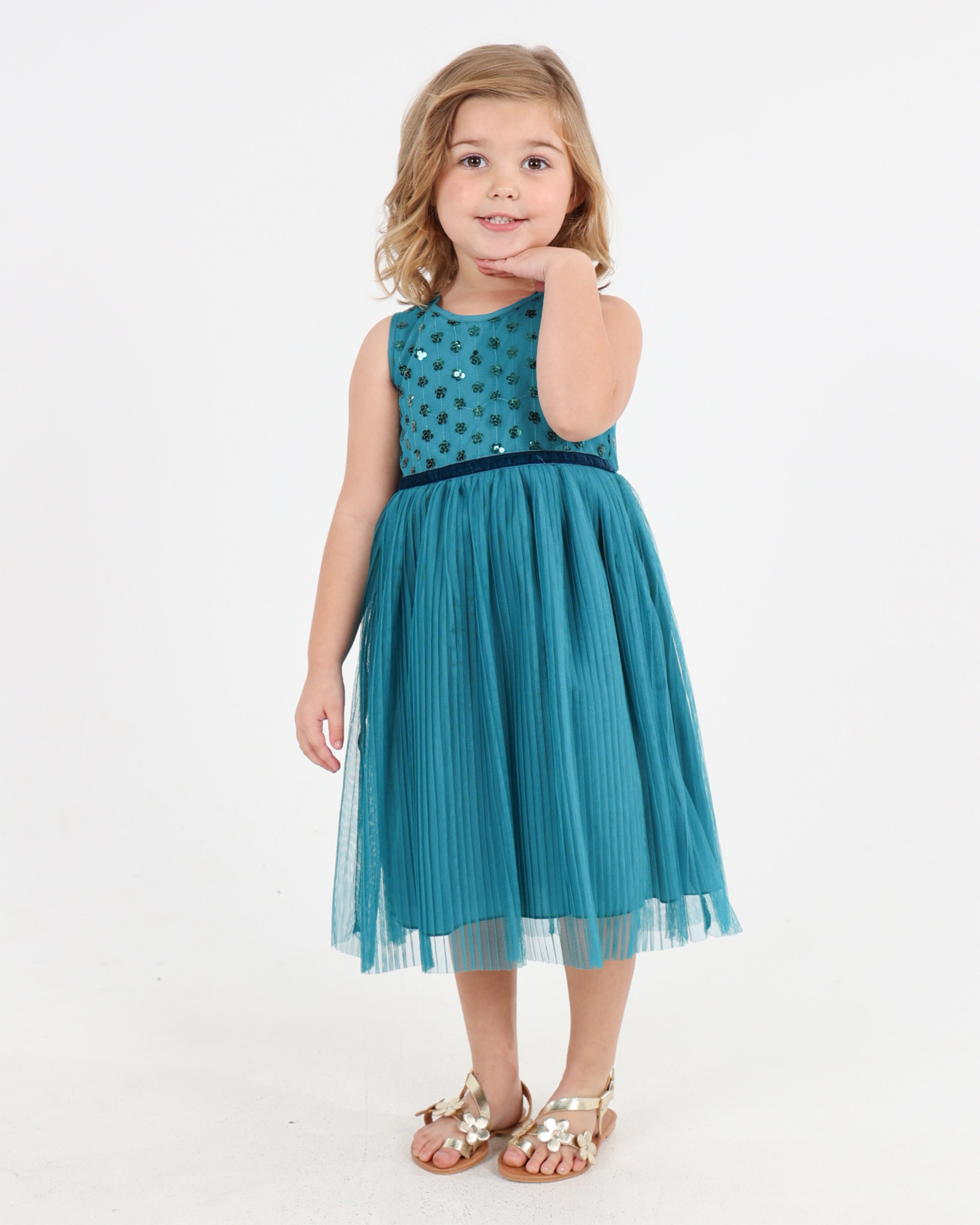 Short Sleeve Sequin Bodice Dress With Pleated Skirt