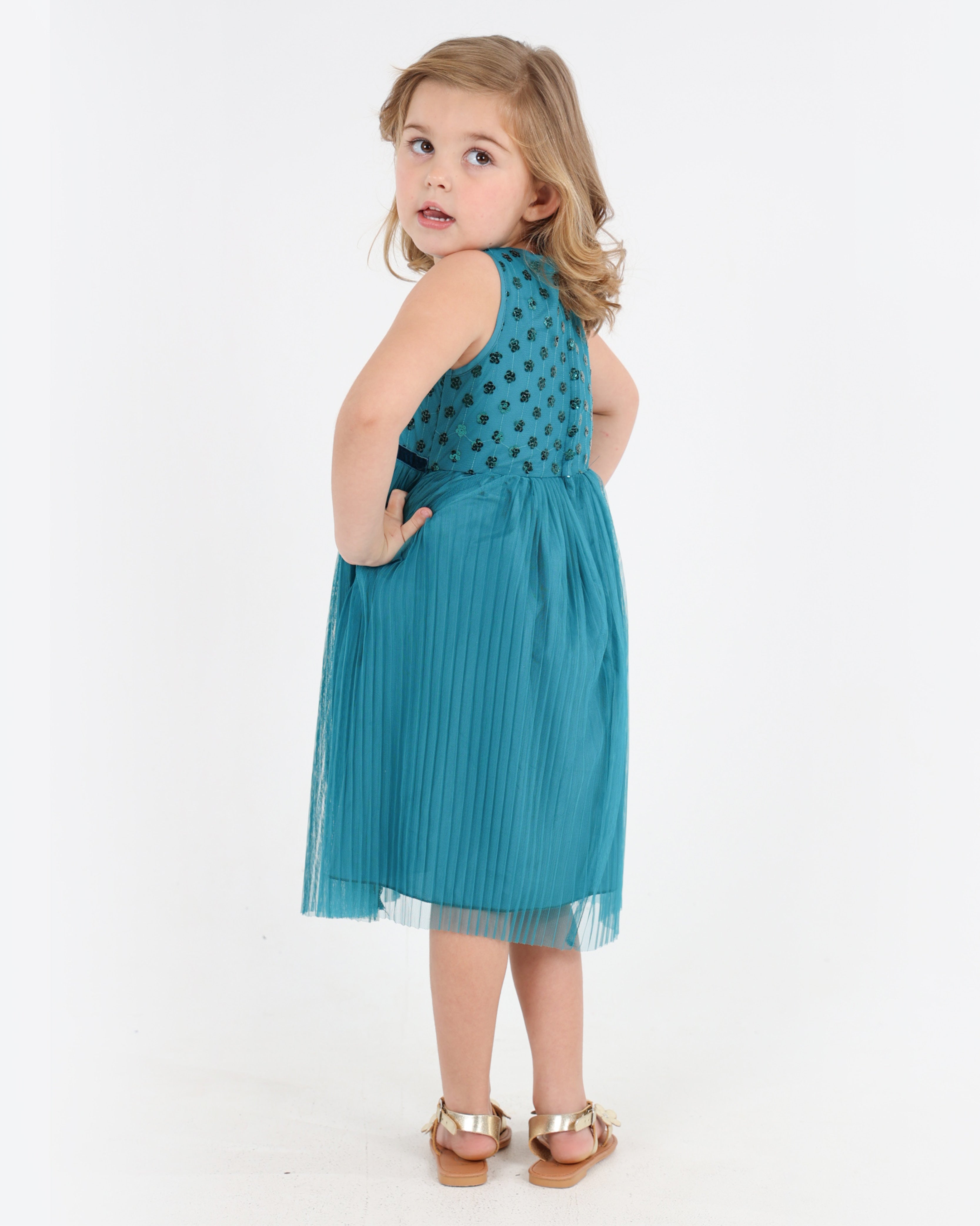 Short Sleeve Sequin Bodice Dress With Pleated Skirt