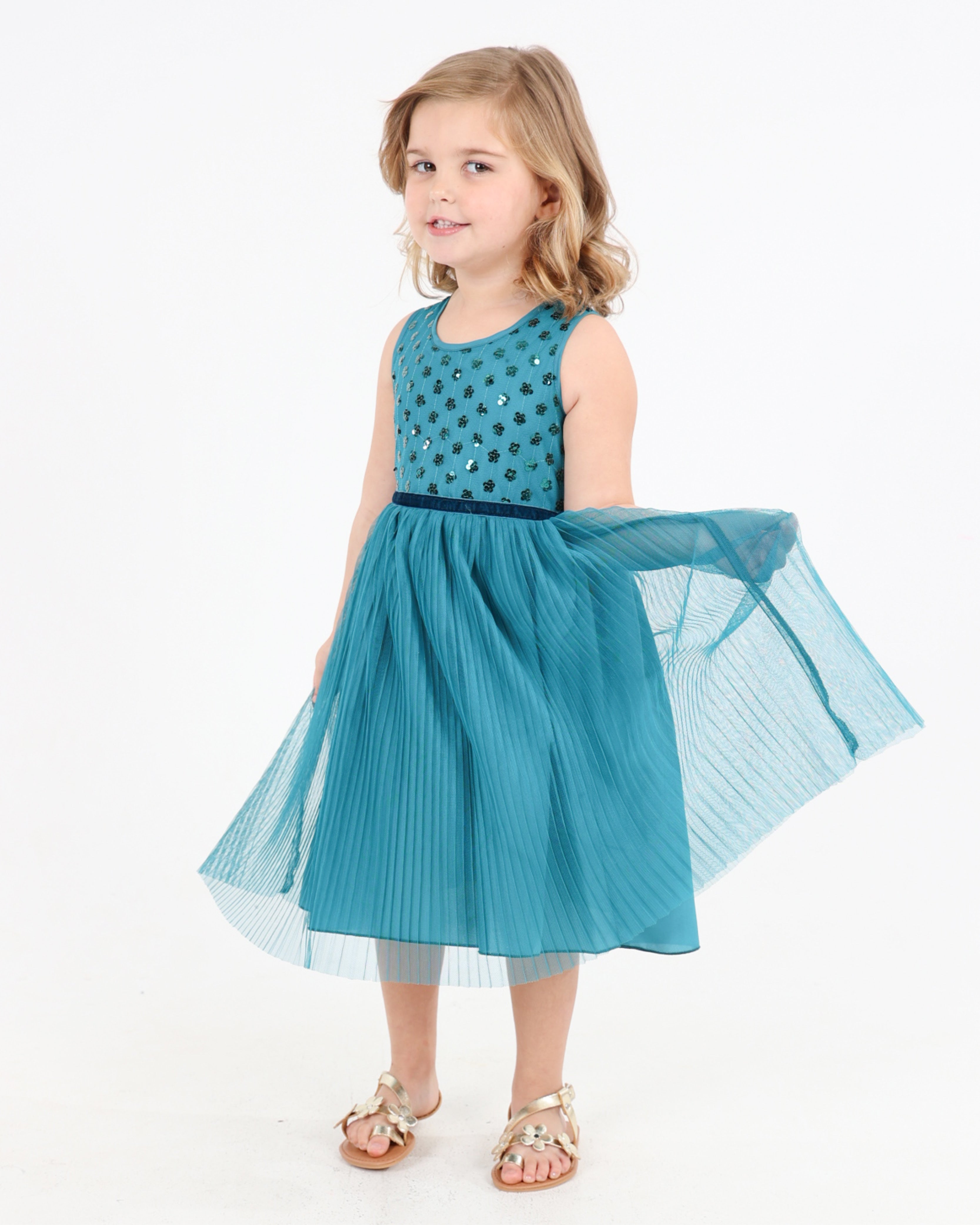 Short Sleeve Sequin Bodice Dress With Pleated Skirt