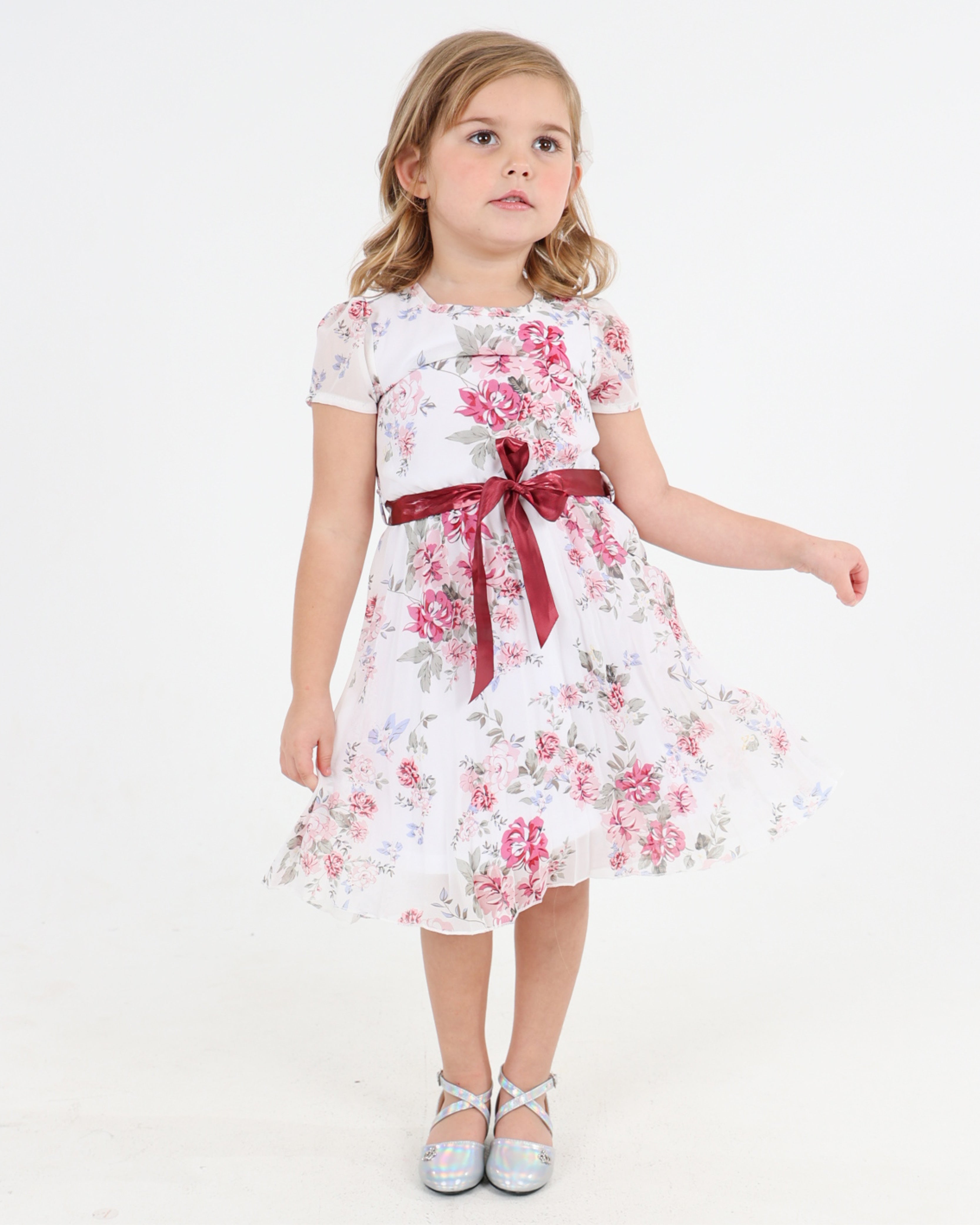 Pleated Skirt Floral Dress with A Satin Belt Bow