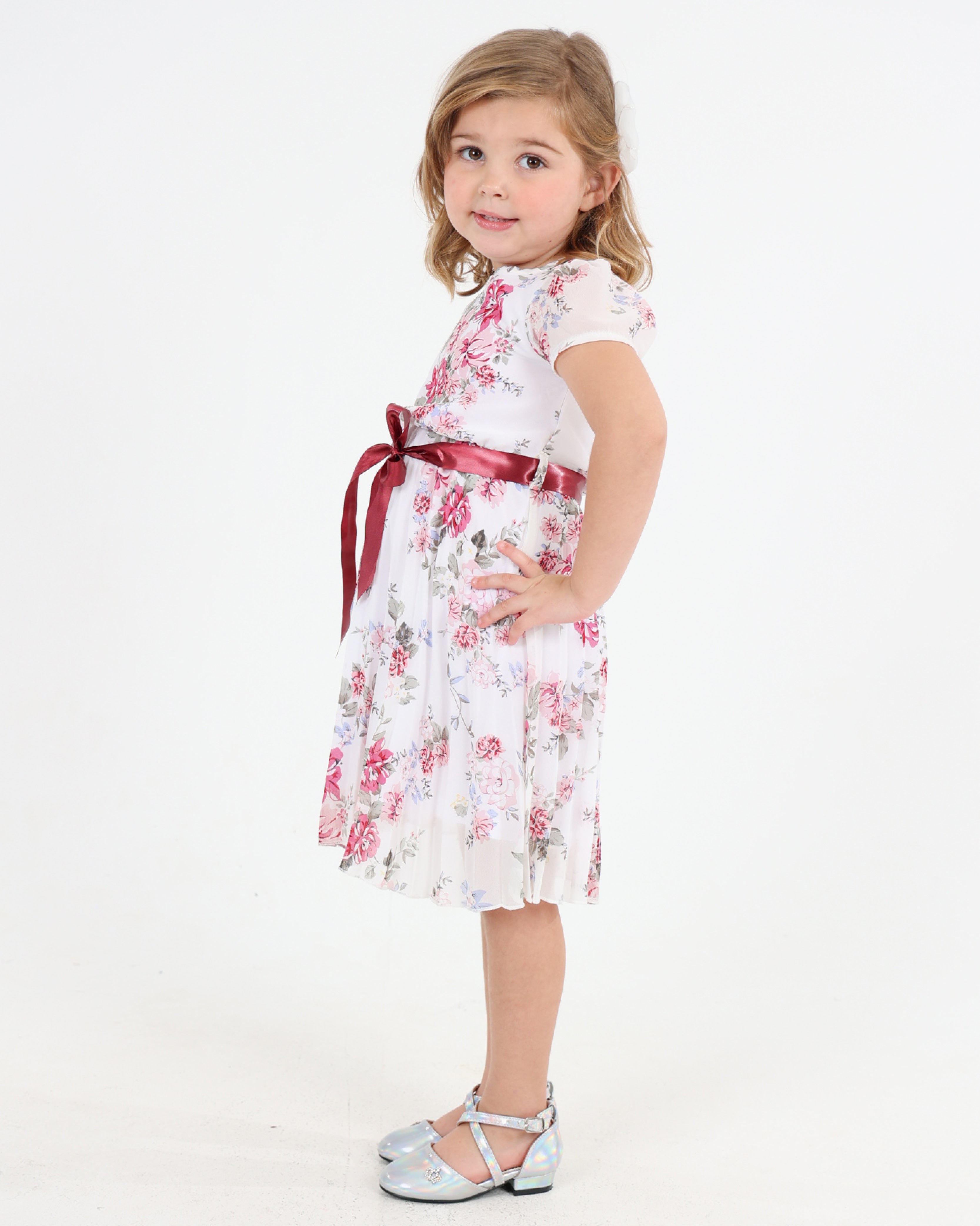 Pleated Skirt Floral Dress with A Satin Belt Bow
