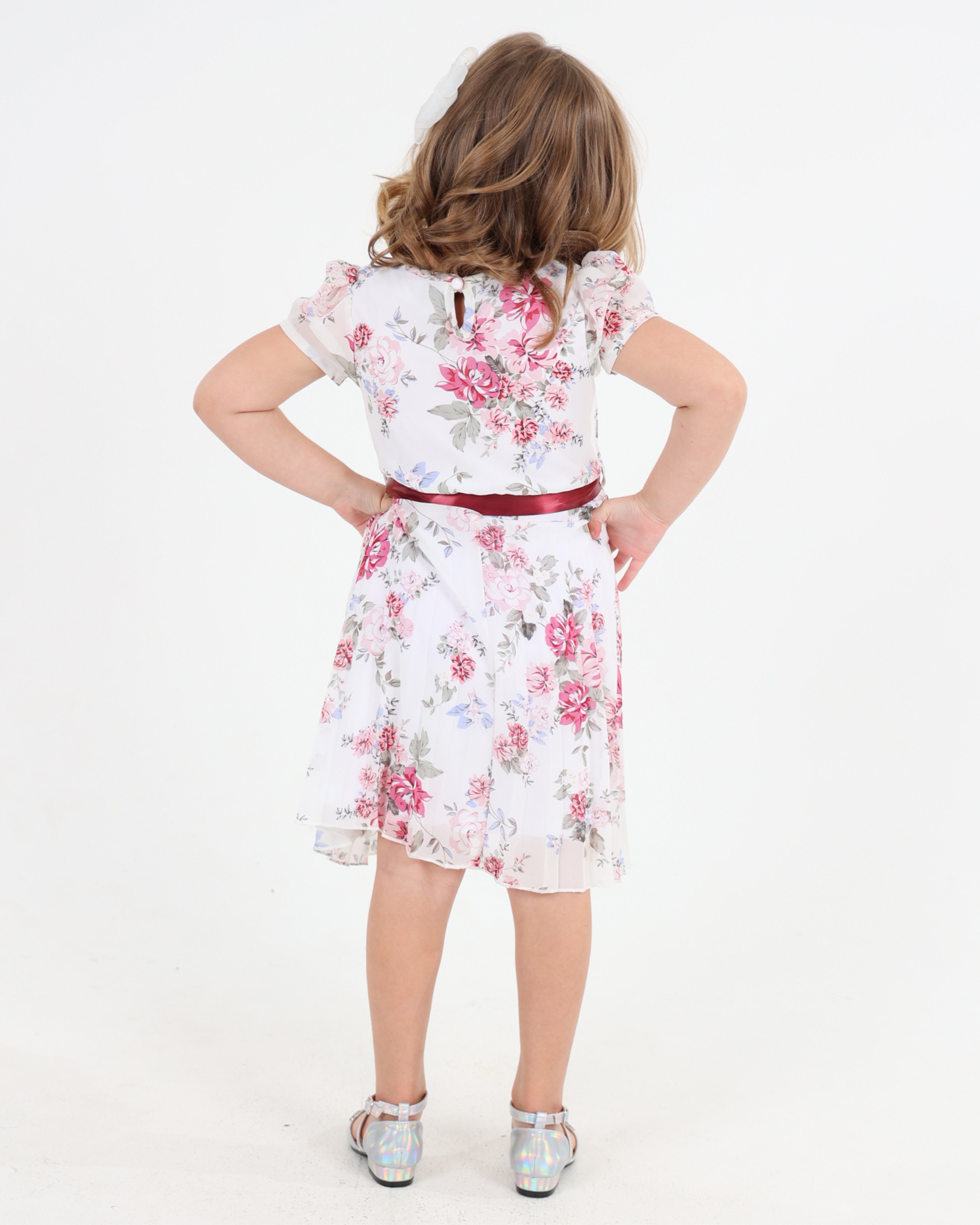 Pleated Skirt Floral Dress with A Satin Belt Bow
