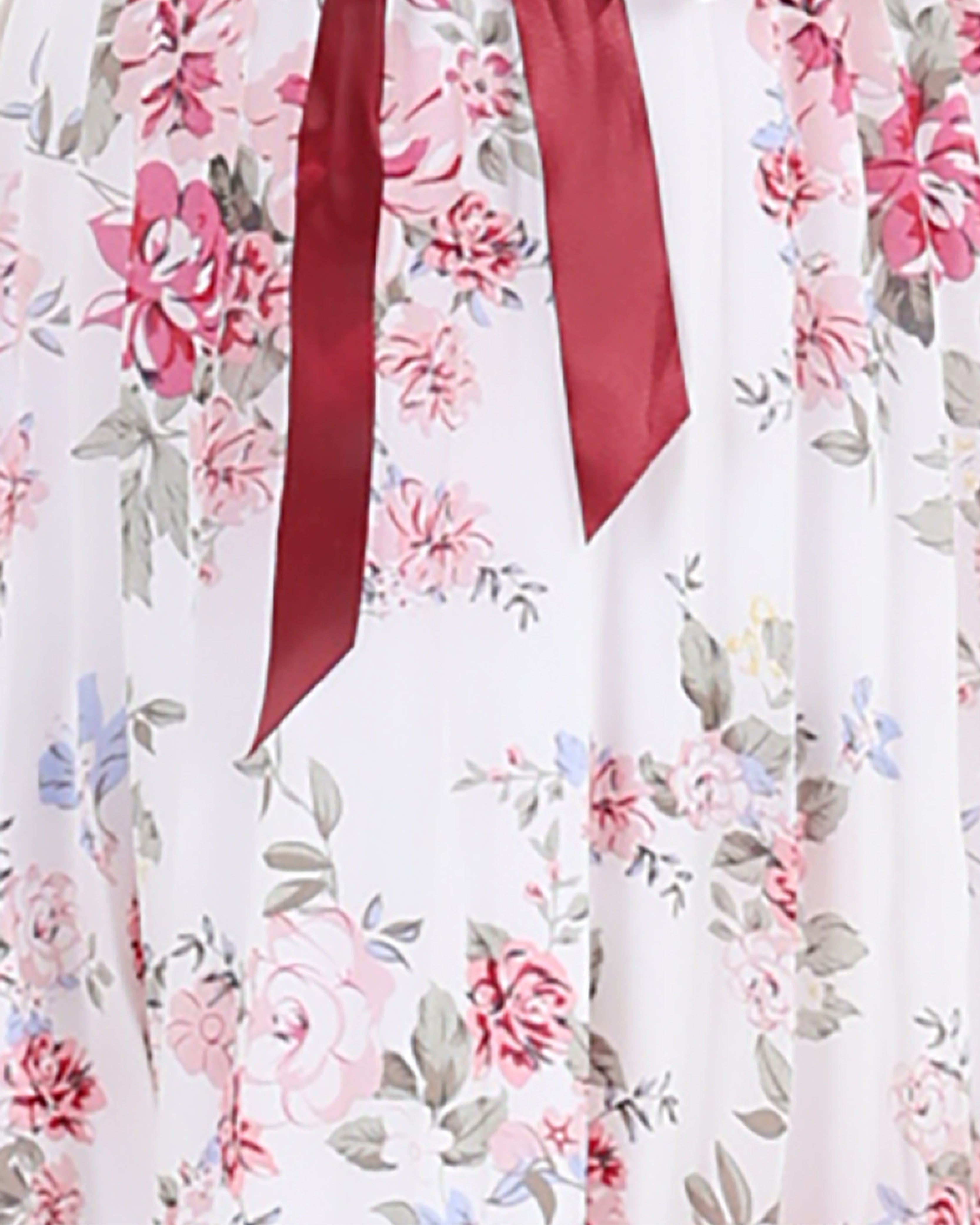 Pleated Skirt Floral Dress with A Satin Belt Bow