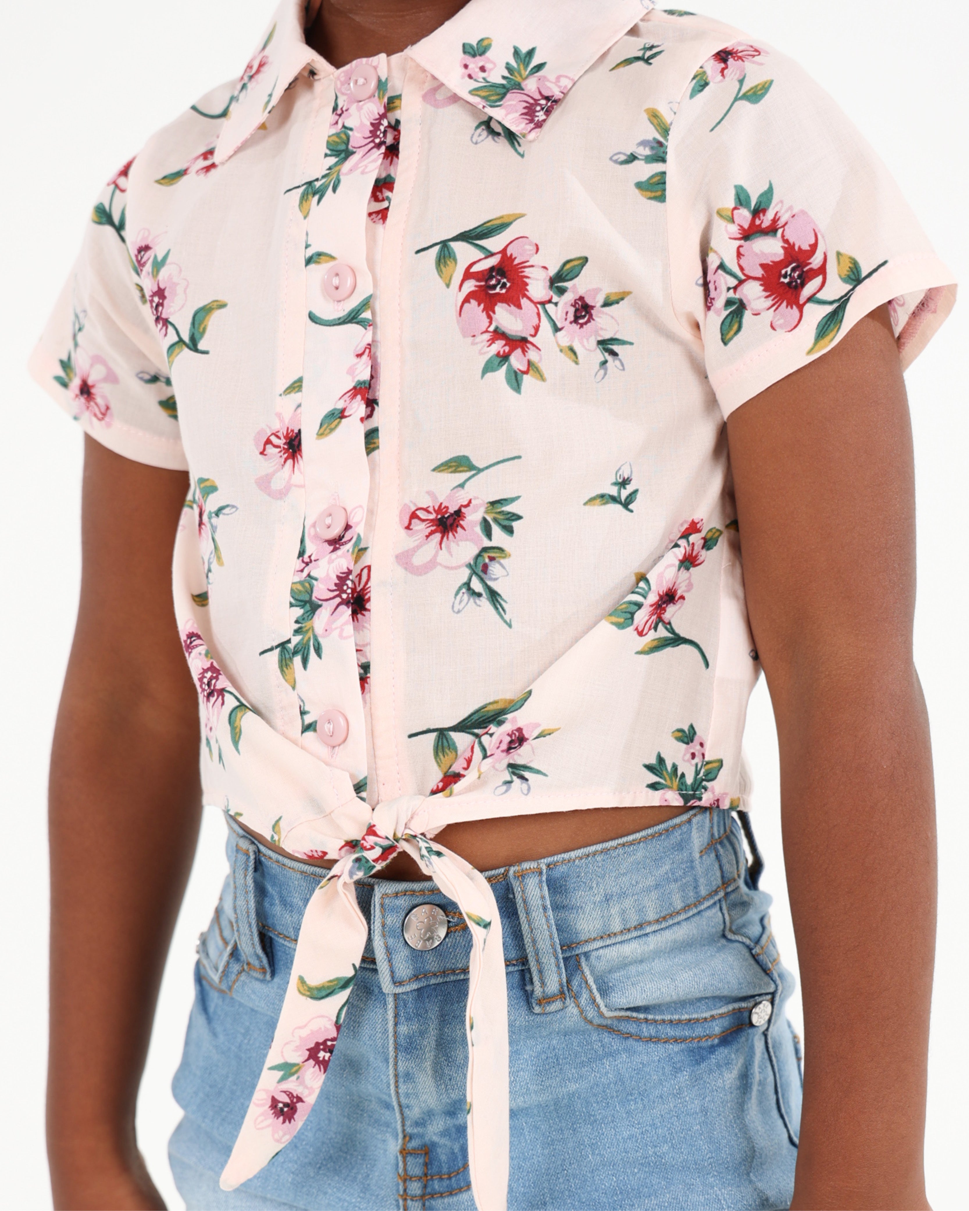 Short Sleeve Floral Button Up Tie Front Shirt