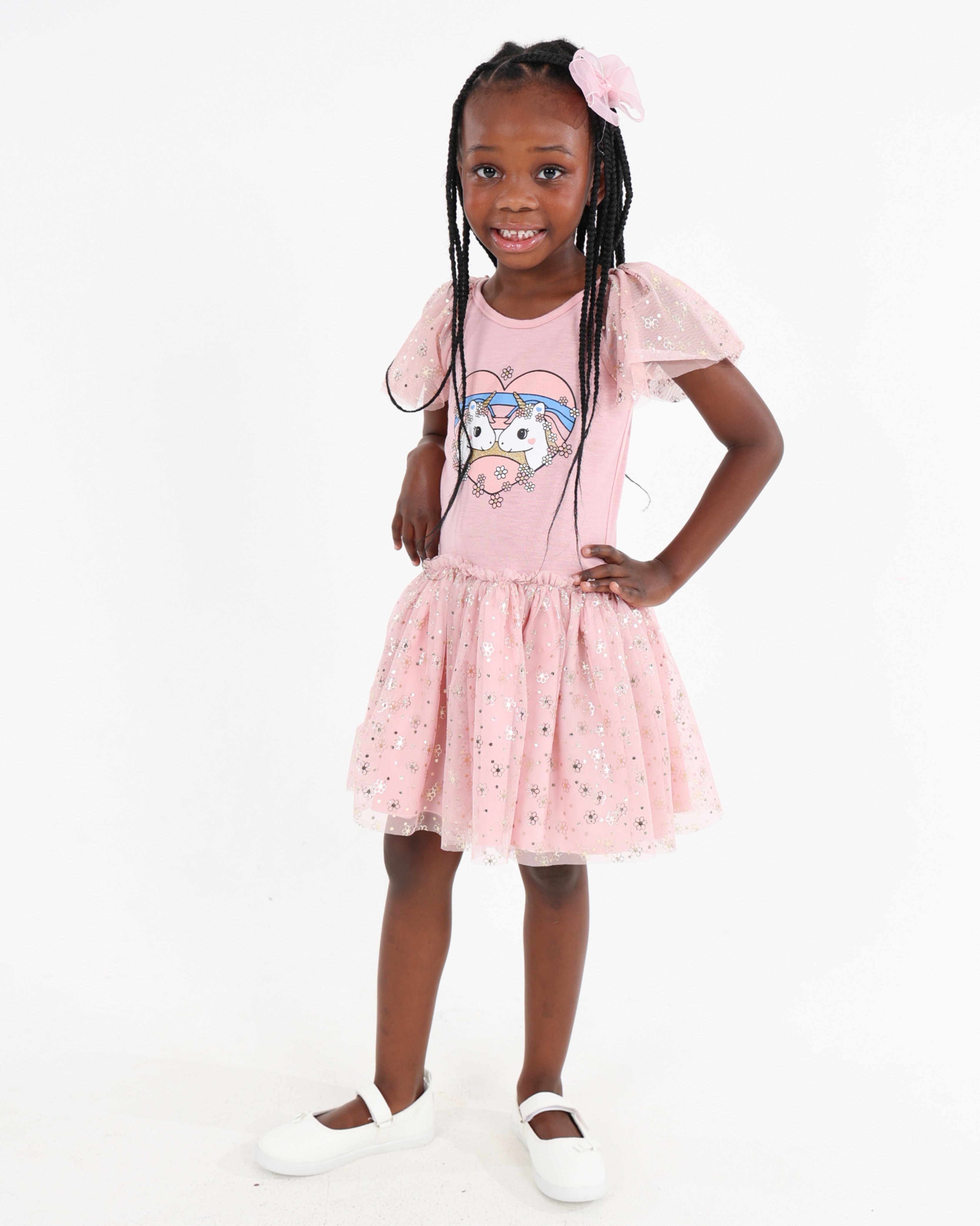 Flutter Sleeve Foil Tulle Unicorn Print Dress