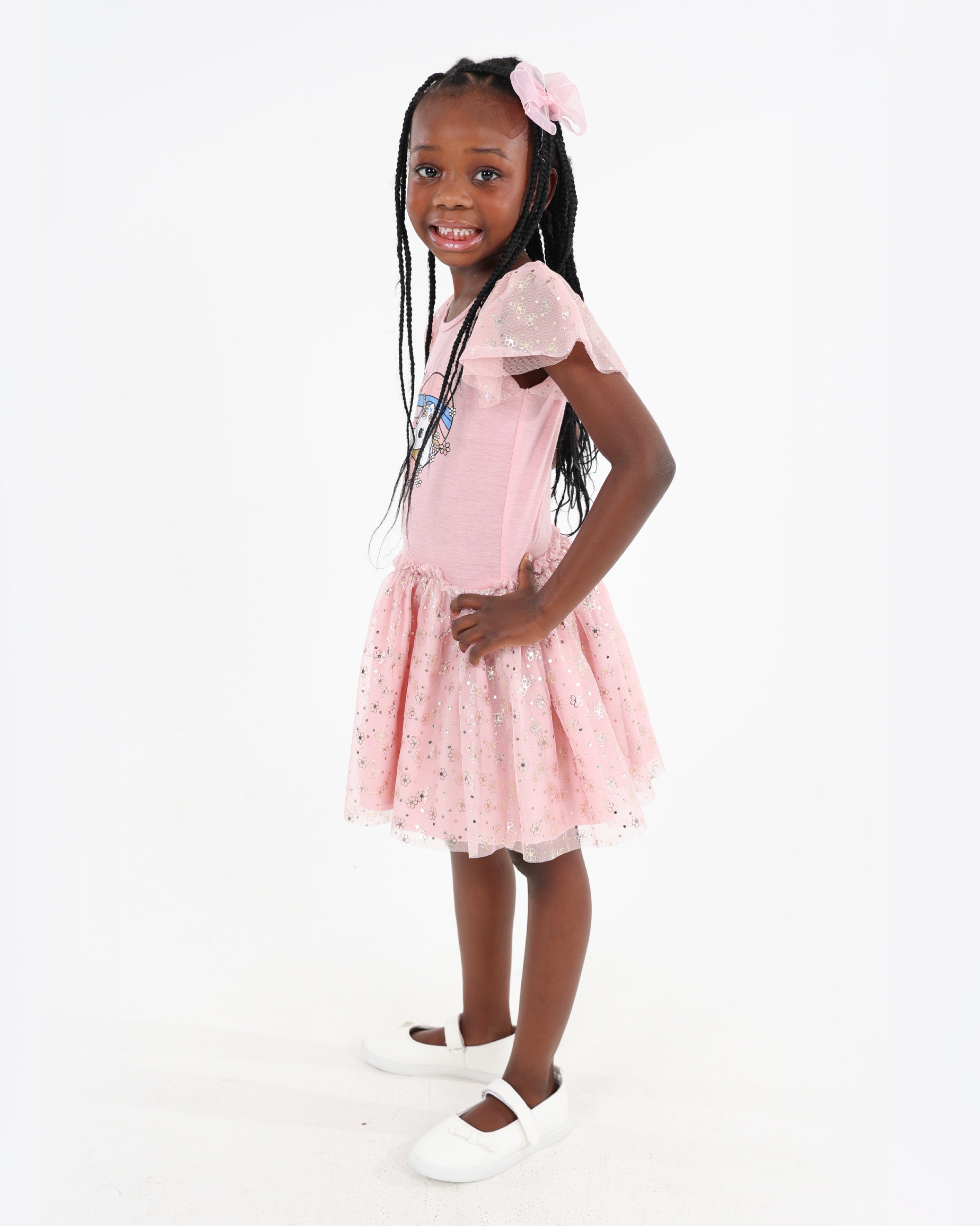 Flutter Sleeve Foil Tulle Unicorn Print Dress