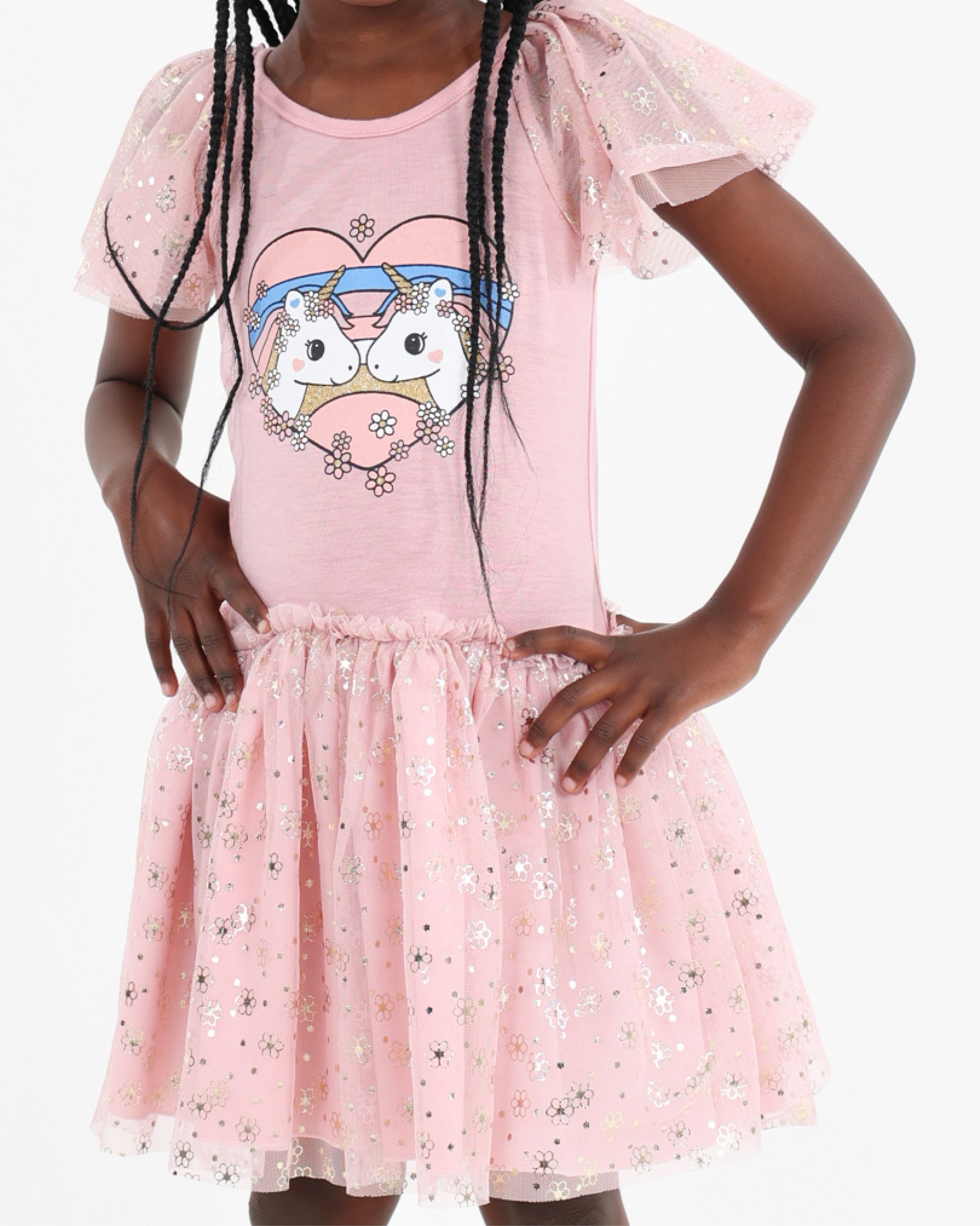 Flutter Sleeve Foil Tulle Unicorn Print Dress