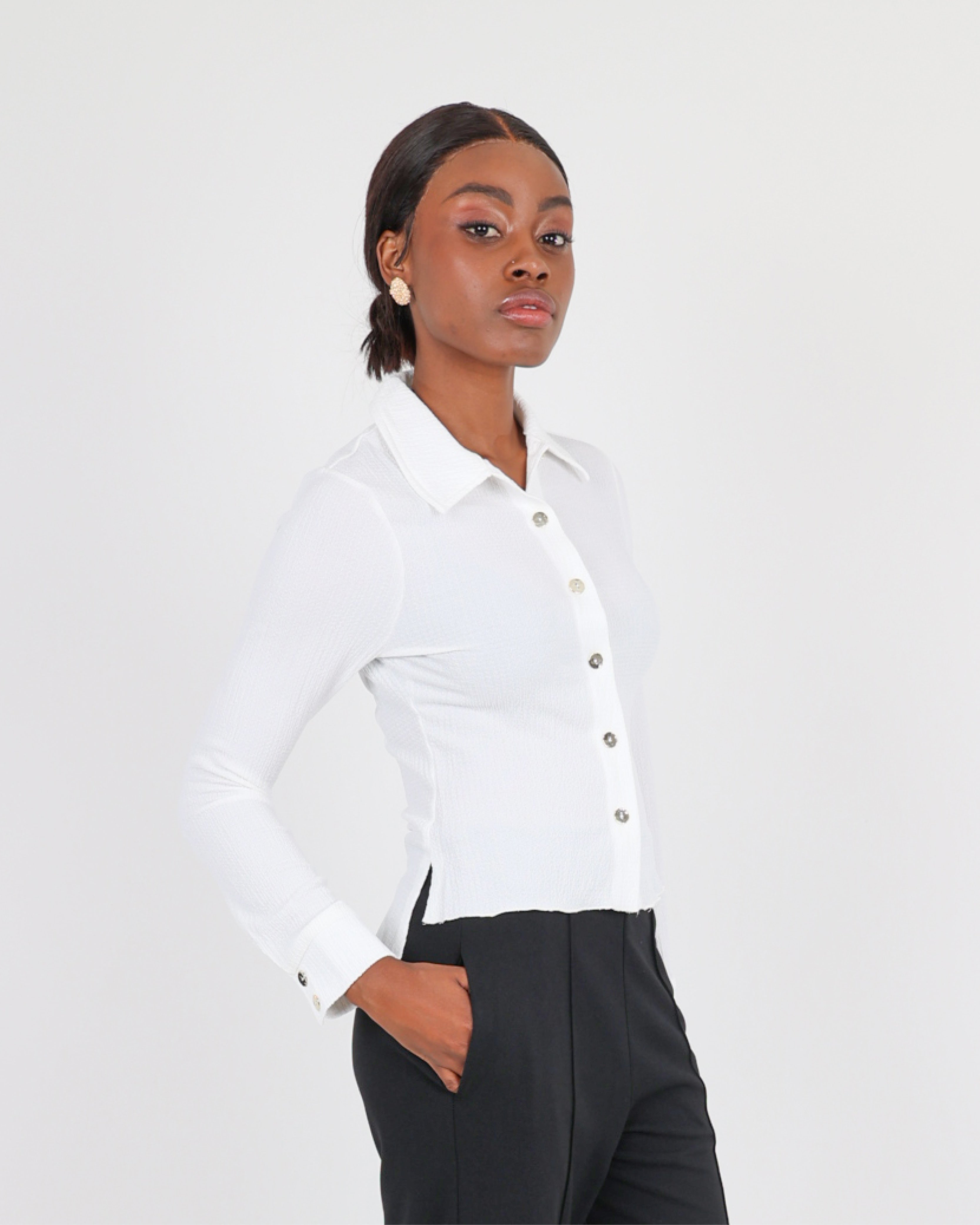 Crinkle Button Up Long Sleeve Blouse