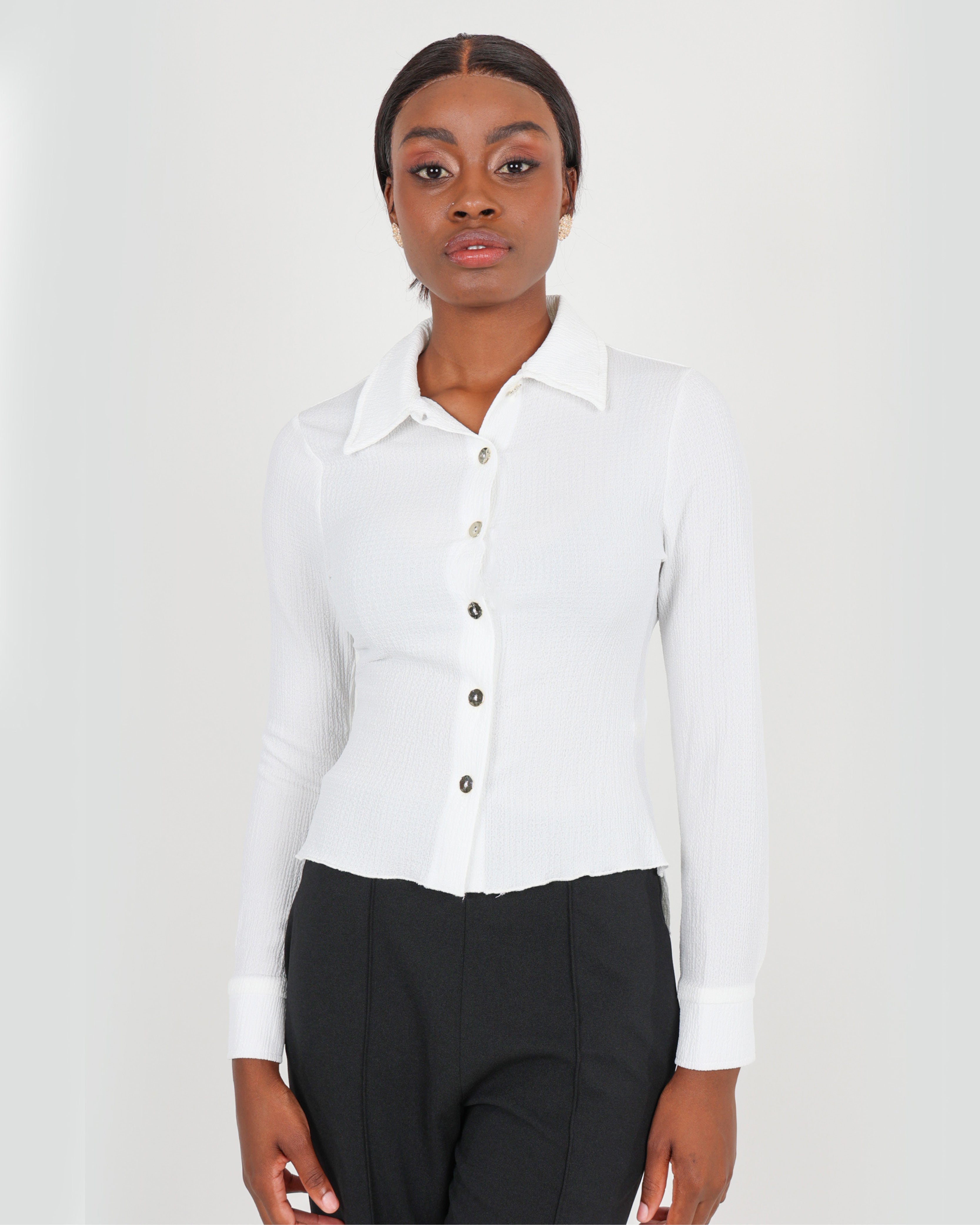 Crinkle Button Up Long Sleeve Blouse