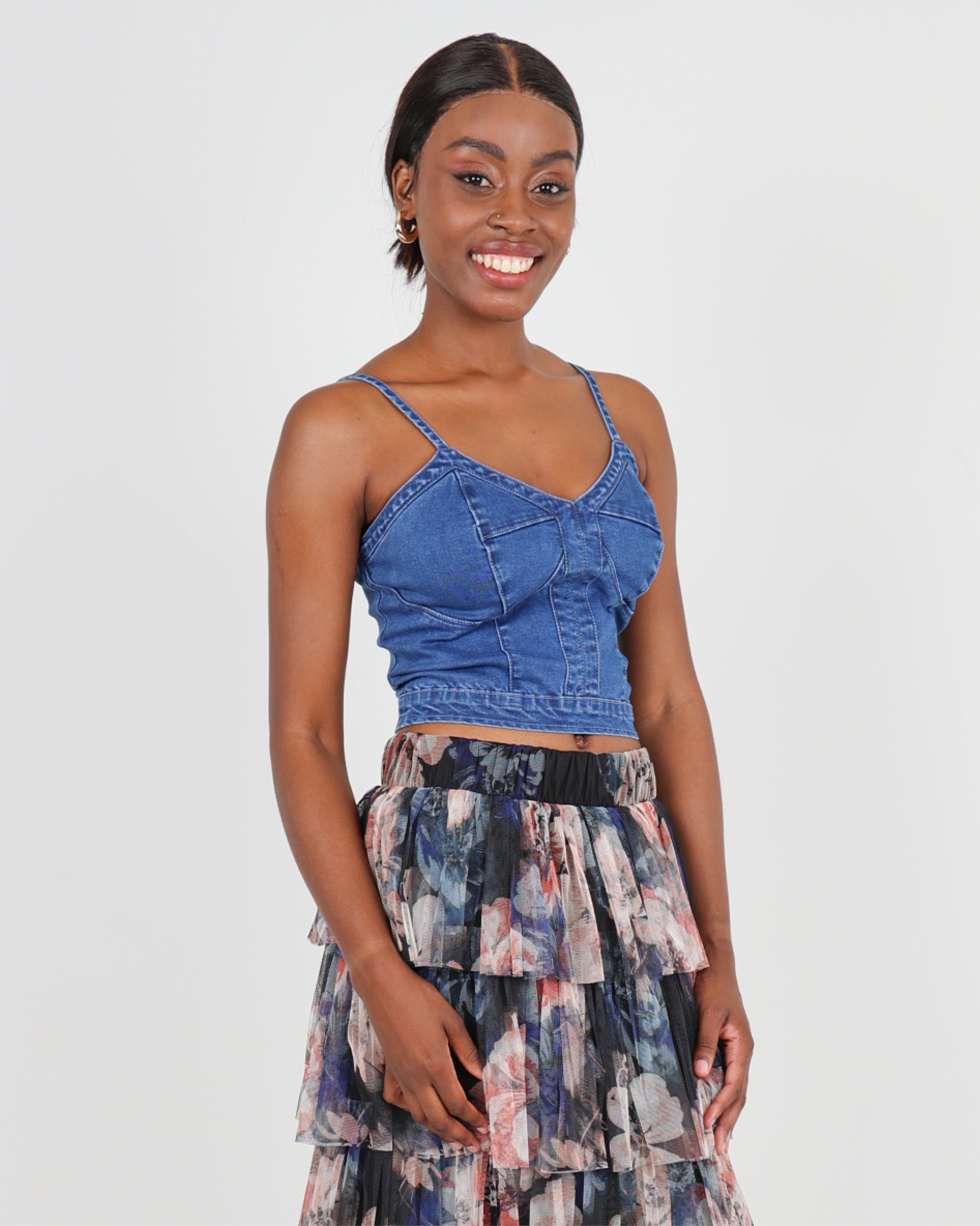 Stretch Denim Bustier Crop Top