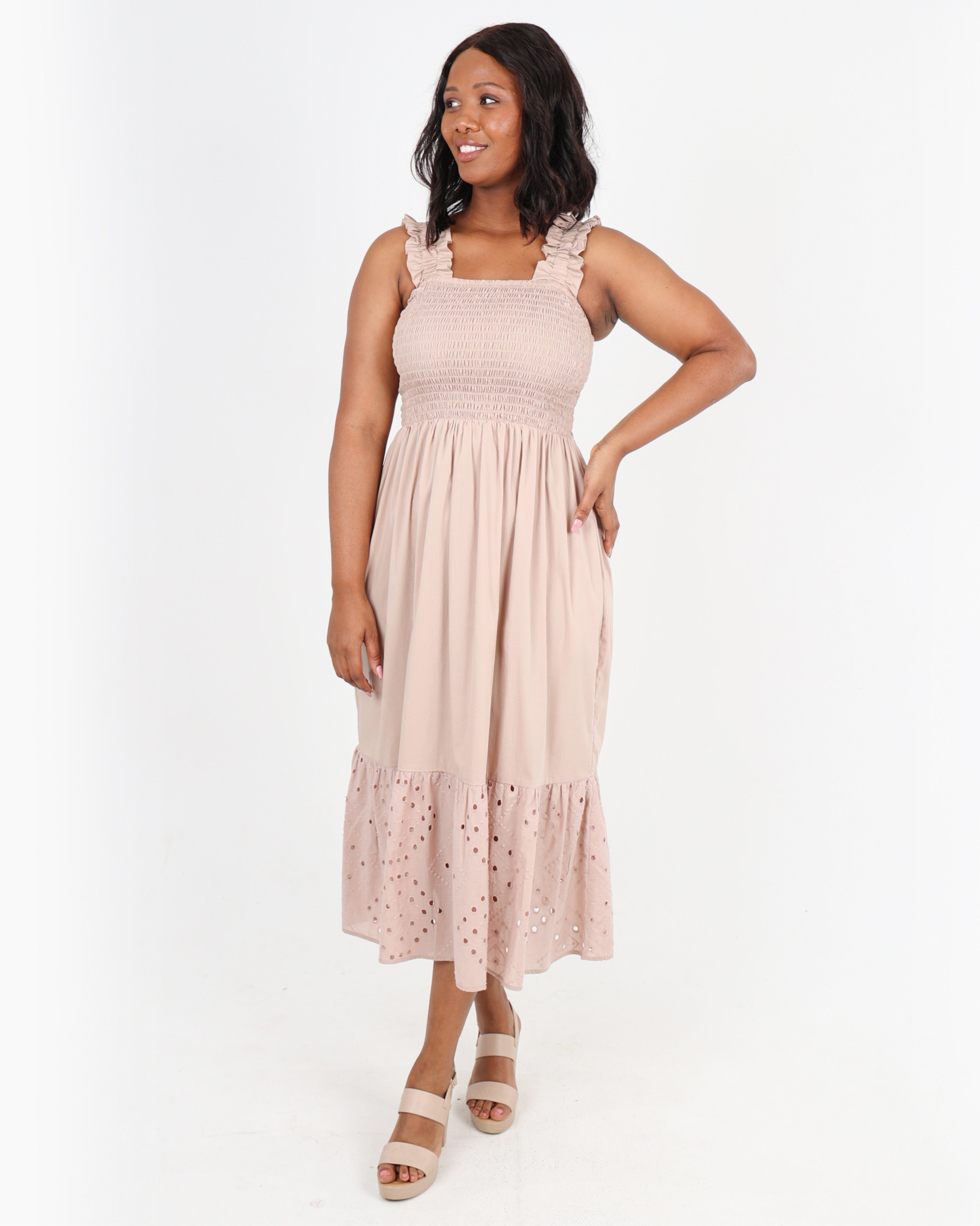 Shirred Bodice Strappy Midi Dress