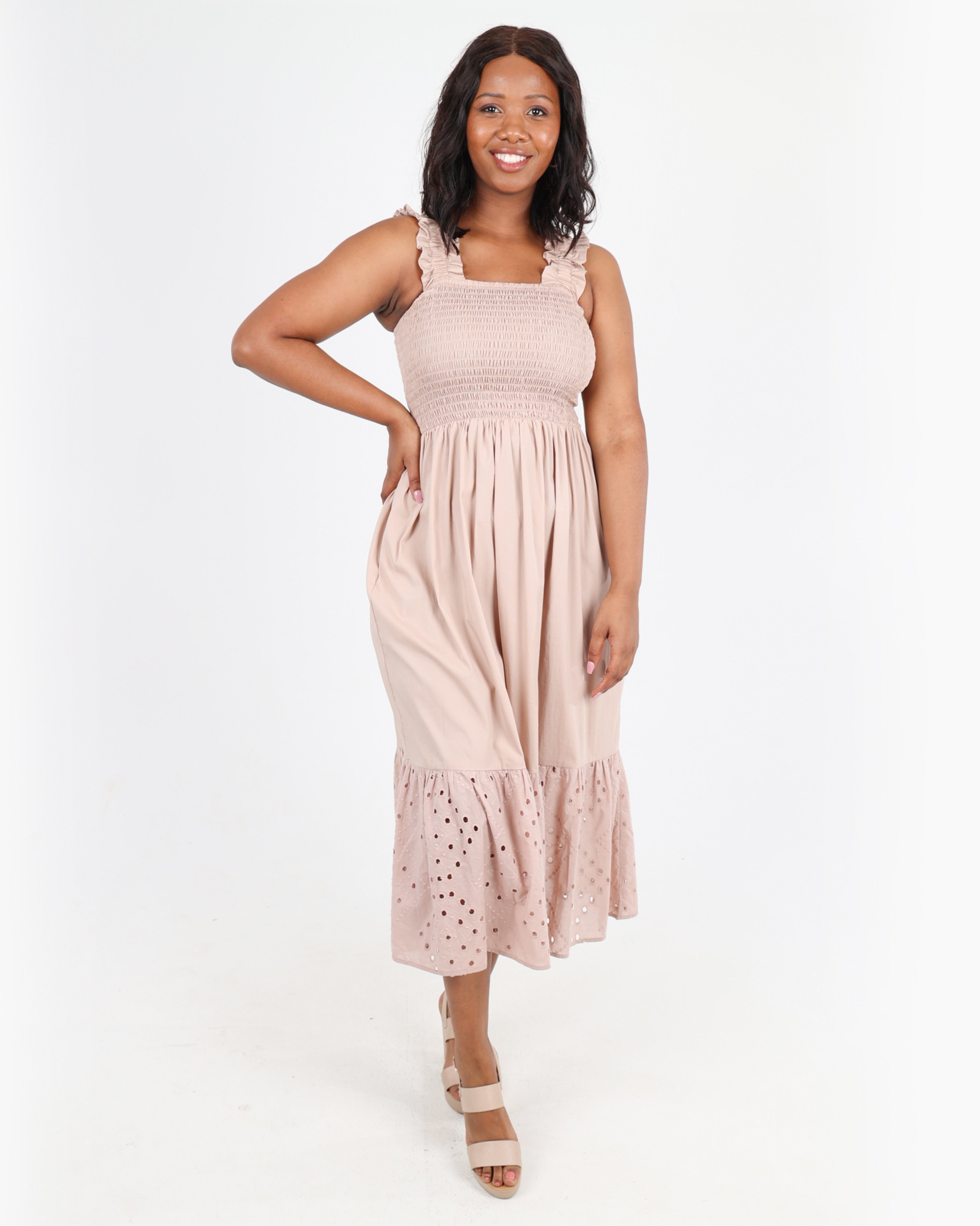 Shirred Bodice Strappy Midi Dress