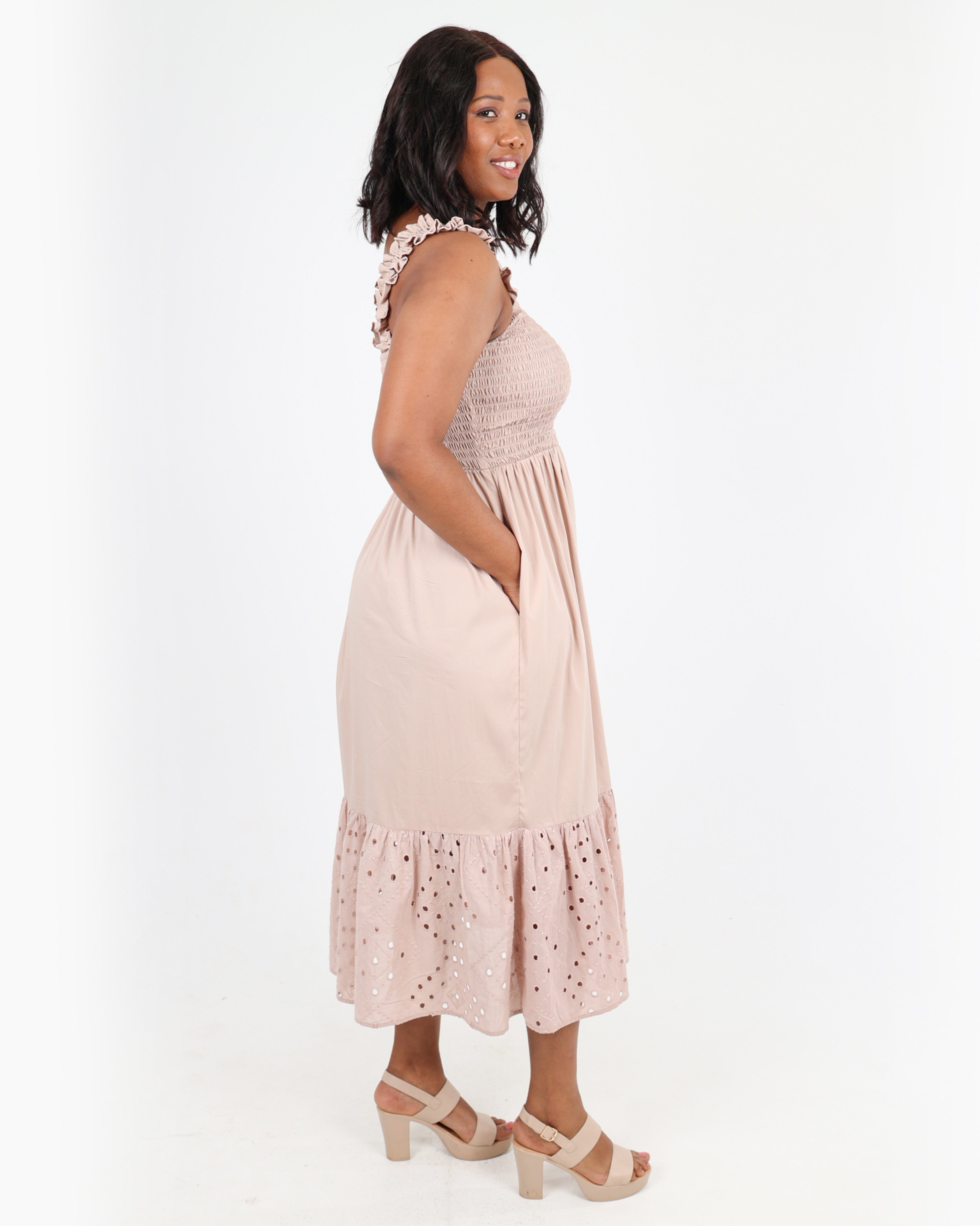Shirred Bodice Strappy Midi Dress