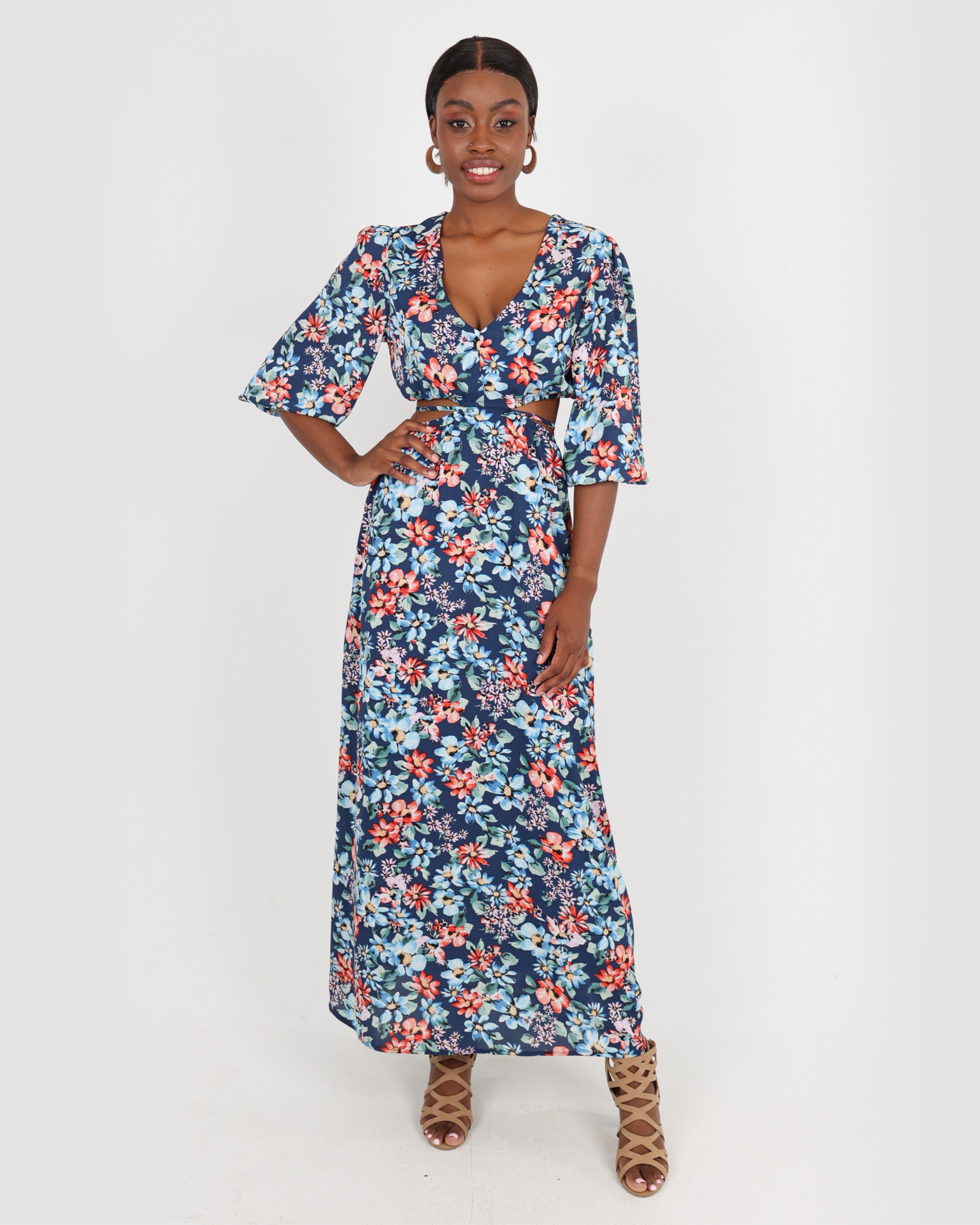 Short Sleeve Floral Print Cut Out Maxi Dress