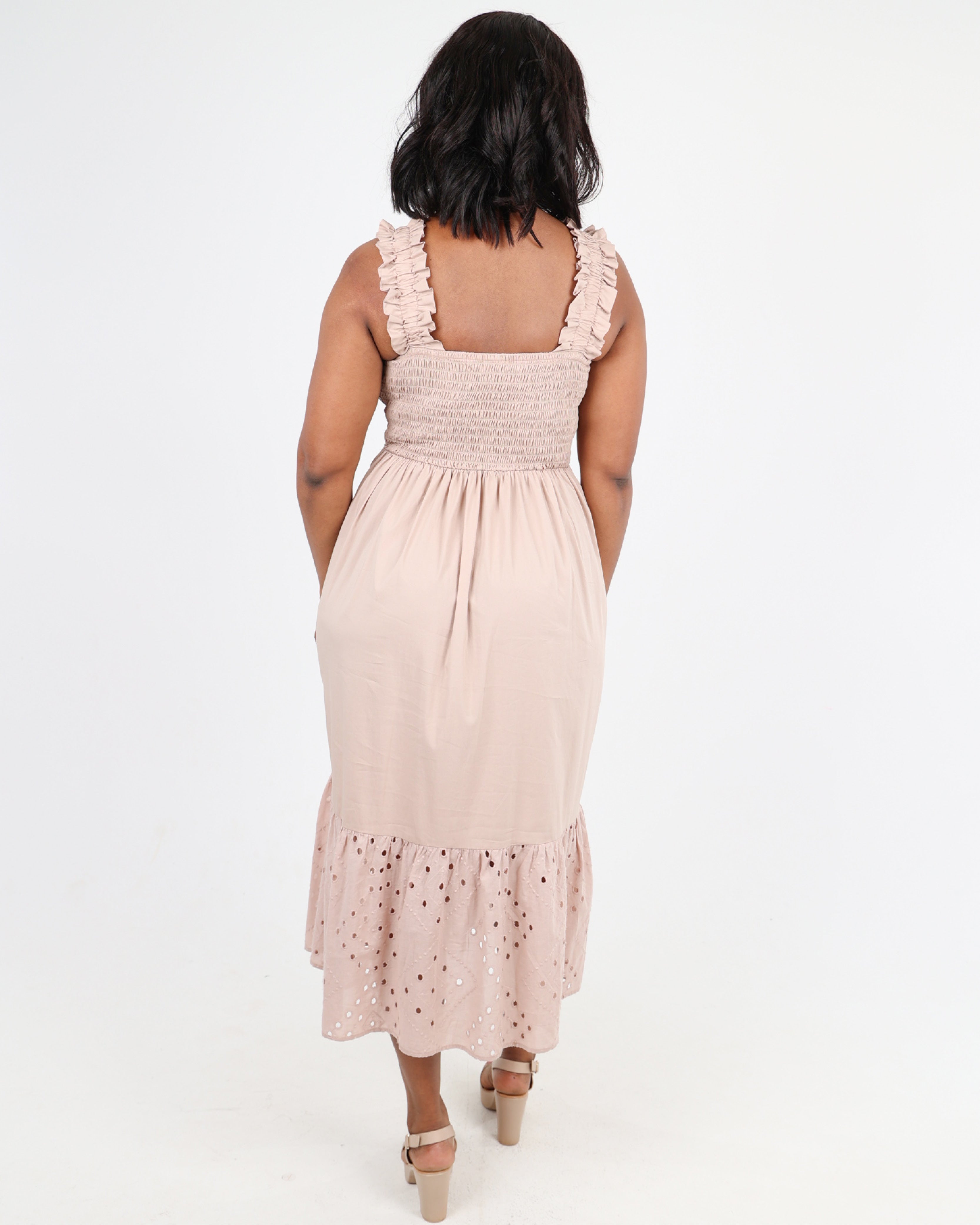 Shirred Bodice Strappy Midi Dress