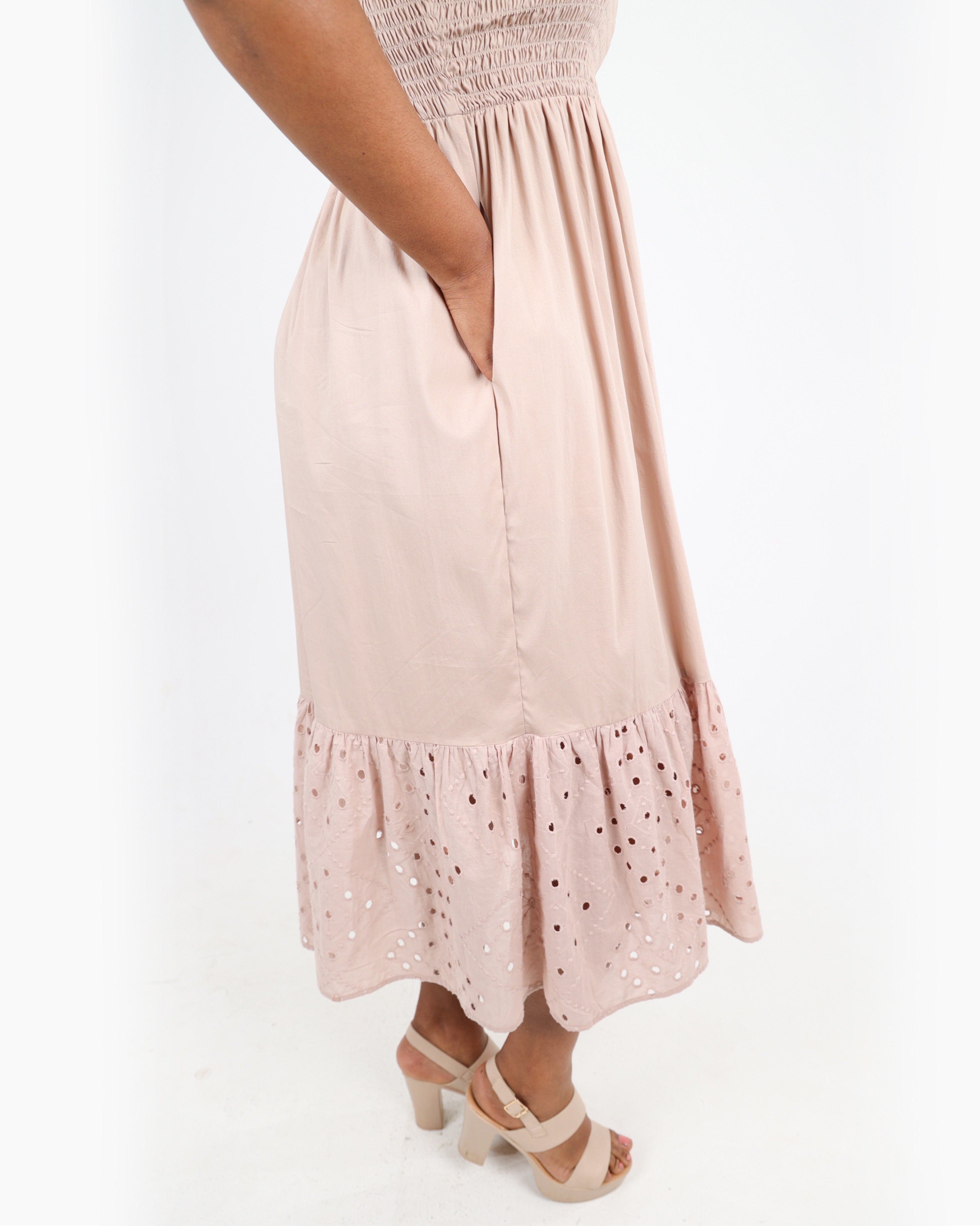 Shirred Bodice Strappy Midi Dress